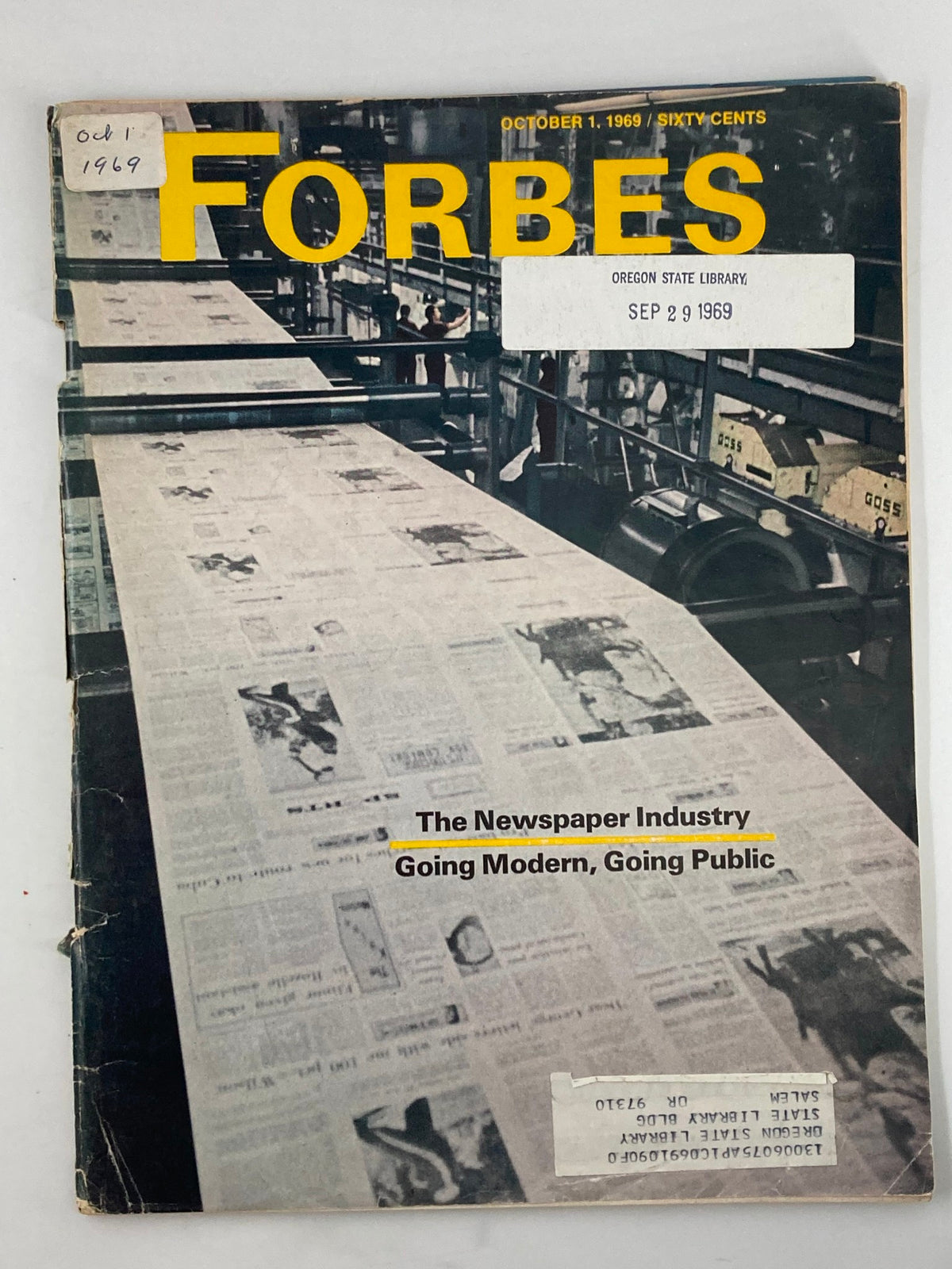 VTG Forbes Magazine October 1 1969 cover showcasing the headline 'The Newspaper Industry Going Modern, Going Public' with a background image of newspaper printing machinery.