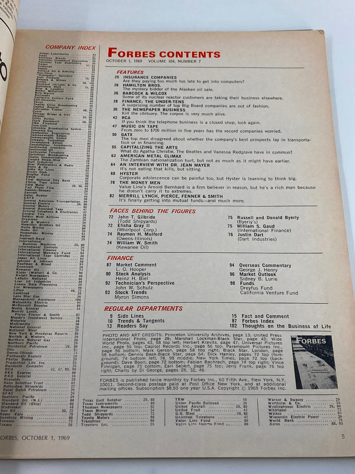 Contents page of VTG Forbes Magazine October 1 1969, listing features and articles related to the newspaper industry and various business insights.