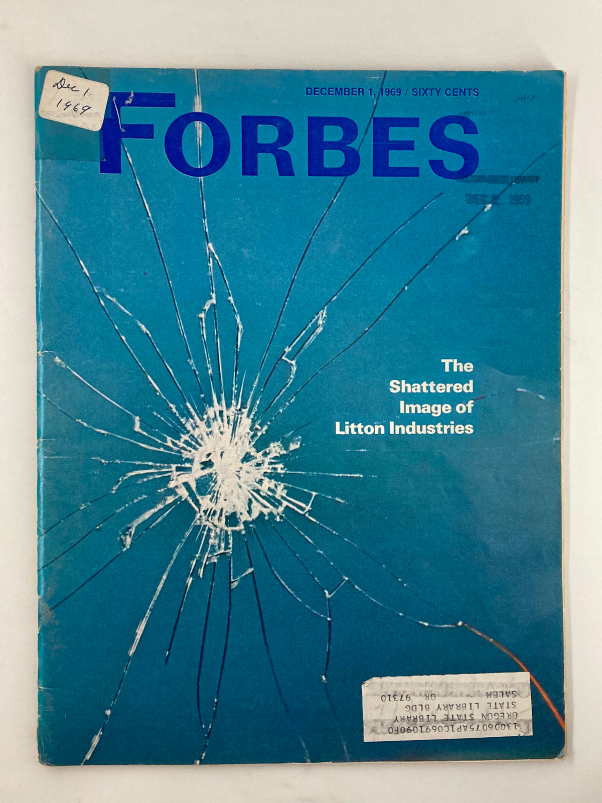 Vintage Forbes Magazine cover from December 1, 1969, featuring the title 'The Shattered Image of Litton Industries', with a cracked design on the blue background.