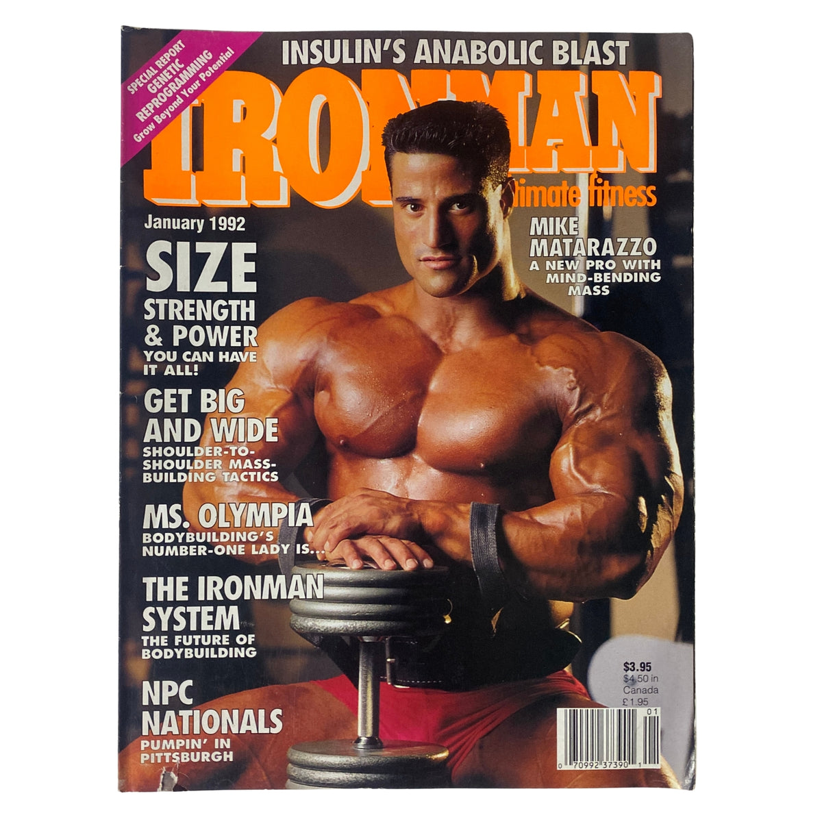 IronMan Magazine January 1992 Vol. 51 No. 1 featuring Mike Matarazzo on the cover, showcasing topics on bodybuilding, muscle growth, and fitness with an emphasis on size and strength.