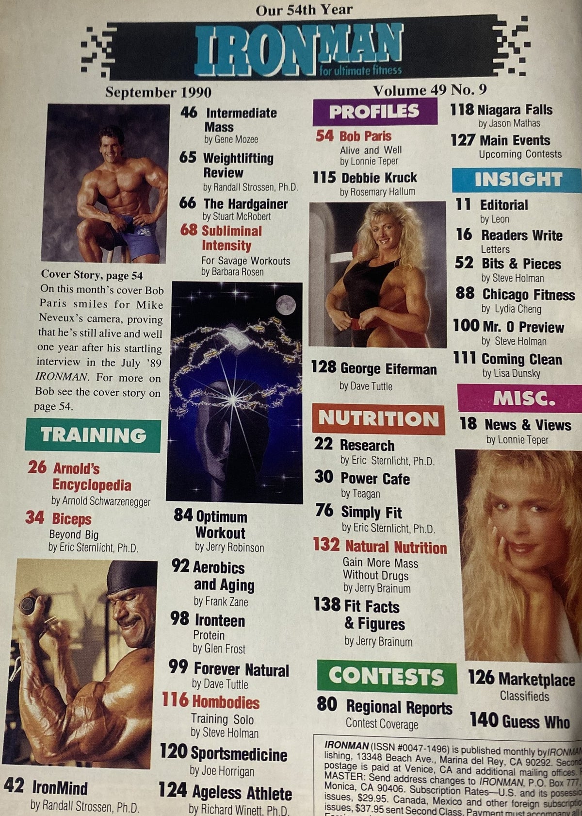 Table of Contents from IronMan Magazine September 1990 Vol 49 No. 9, detailing articles on training, nutrition, and profiles including Bob Paris and Arnold Schwarzenegger.