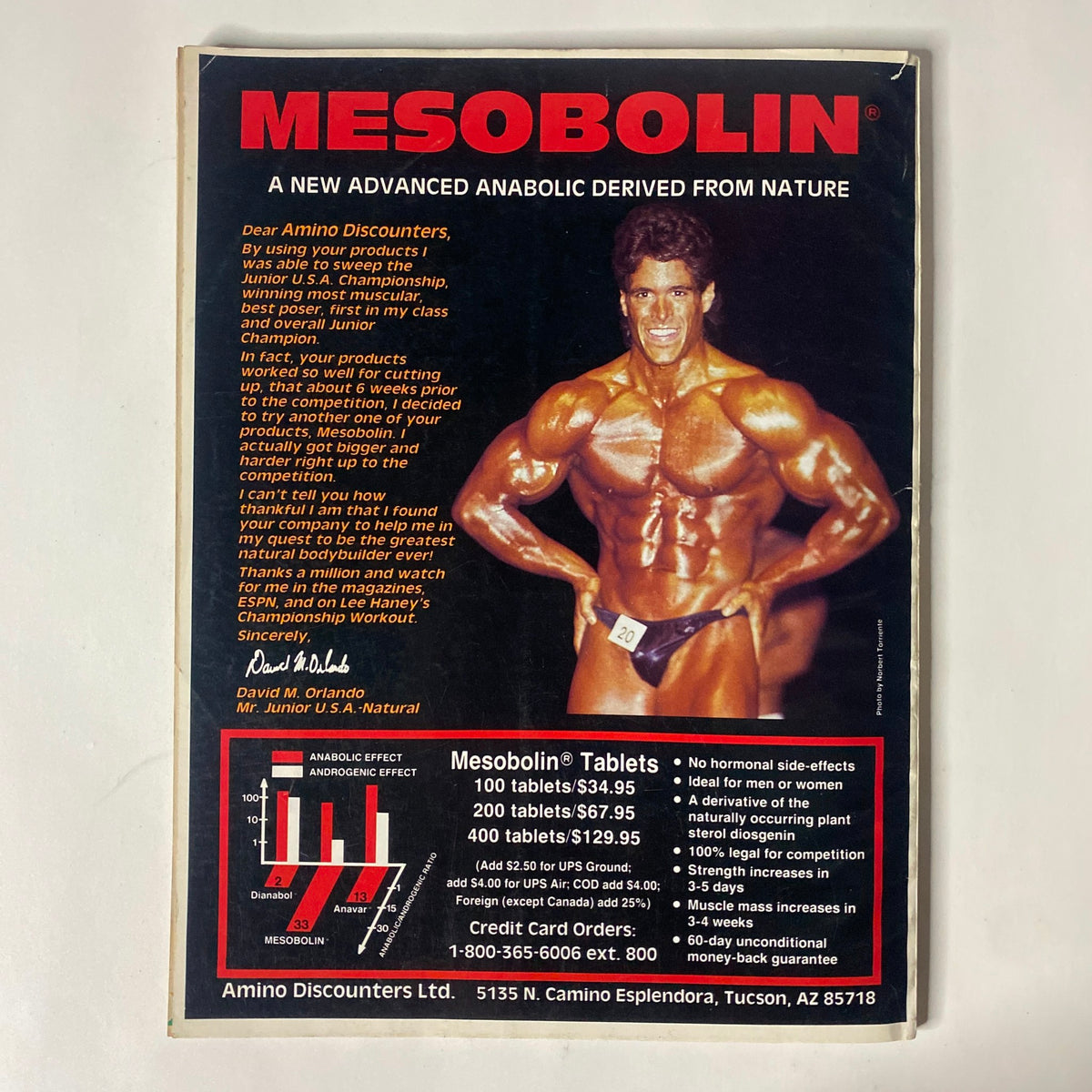 Back cover of IronMan Magazine September 1990 Vol 49 No. 9 featuring an advertisement for Mesobolin, highlighting its anabolic properties and bodybuilding benefits.