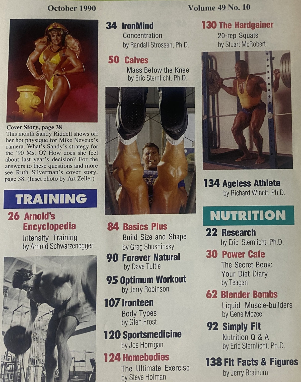 IronMan Magazine October 1990 Vol 49 No 10 featuring articles on bodybuilding topics such as training techniques, nutrition, and profiles of athletes like Sandy Riddell.