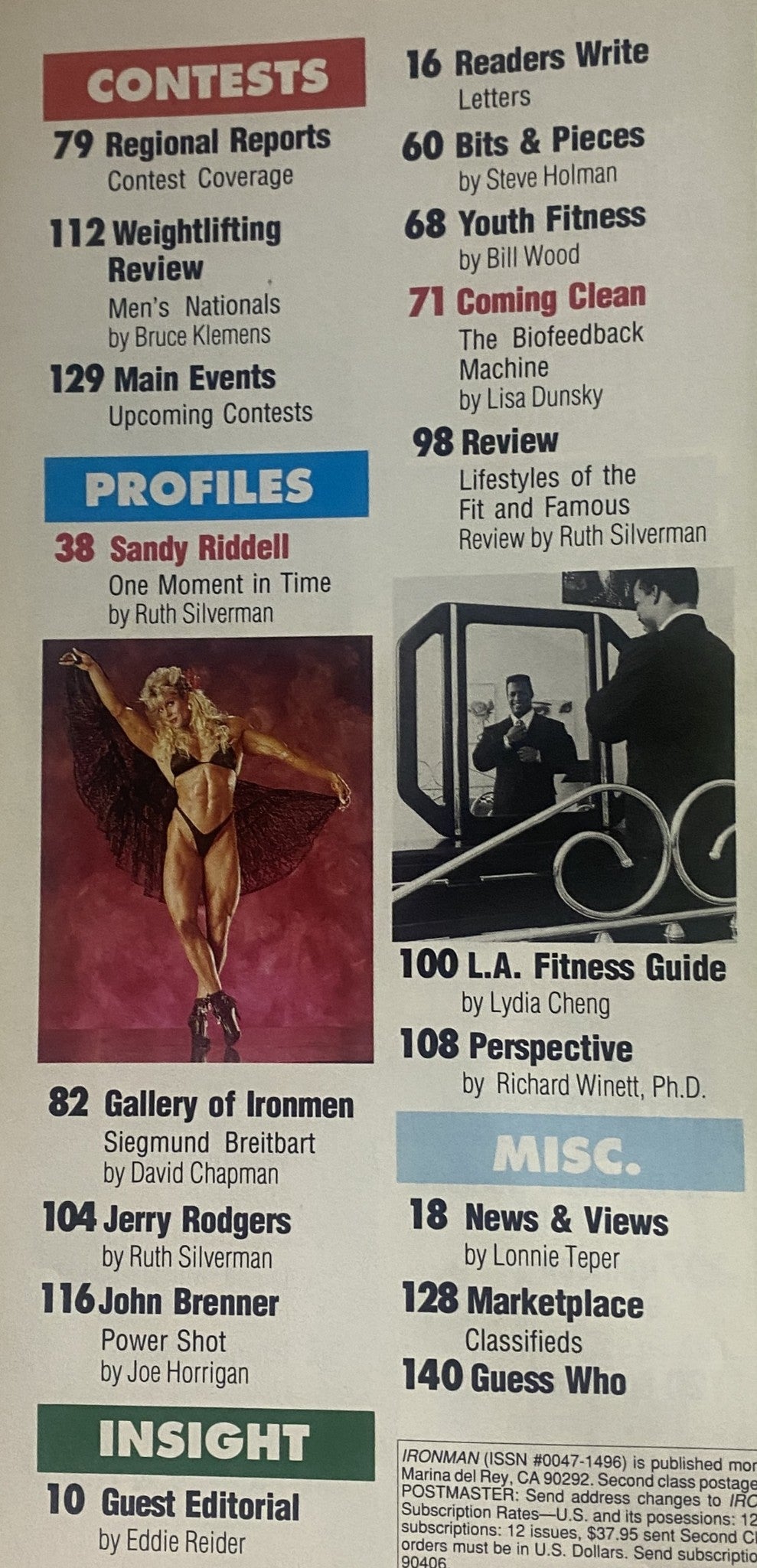 Interior content of IronMan Magazine October 1990 Vol 49 No 10 showcasing articles, profiles, and insights from notable contributors related to bodybuilding and fitness.