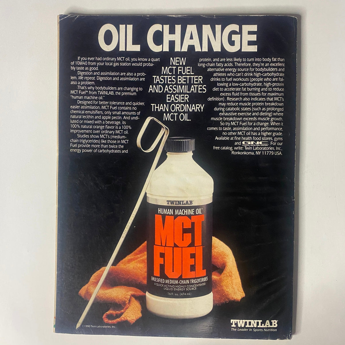 Back cover of IronMan Magazine October 1990 Vol 49 No 10 advertising MCT Fuel, a product aimed at enhancing sports nutrition, featured among other content.