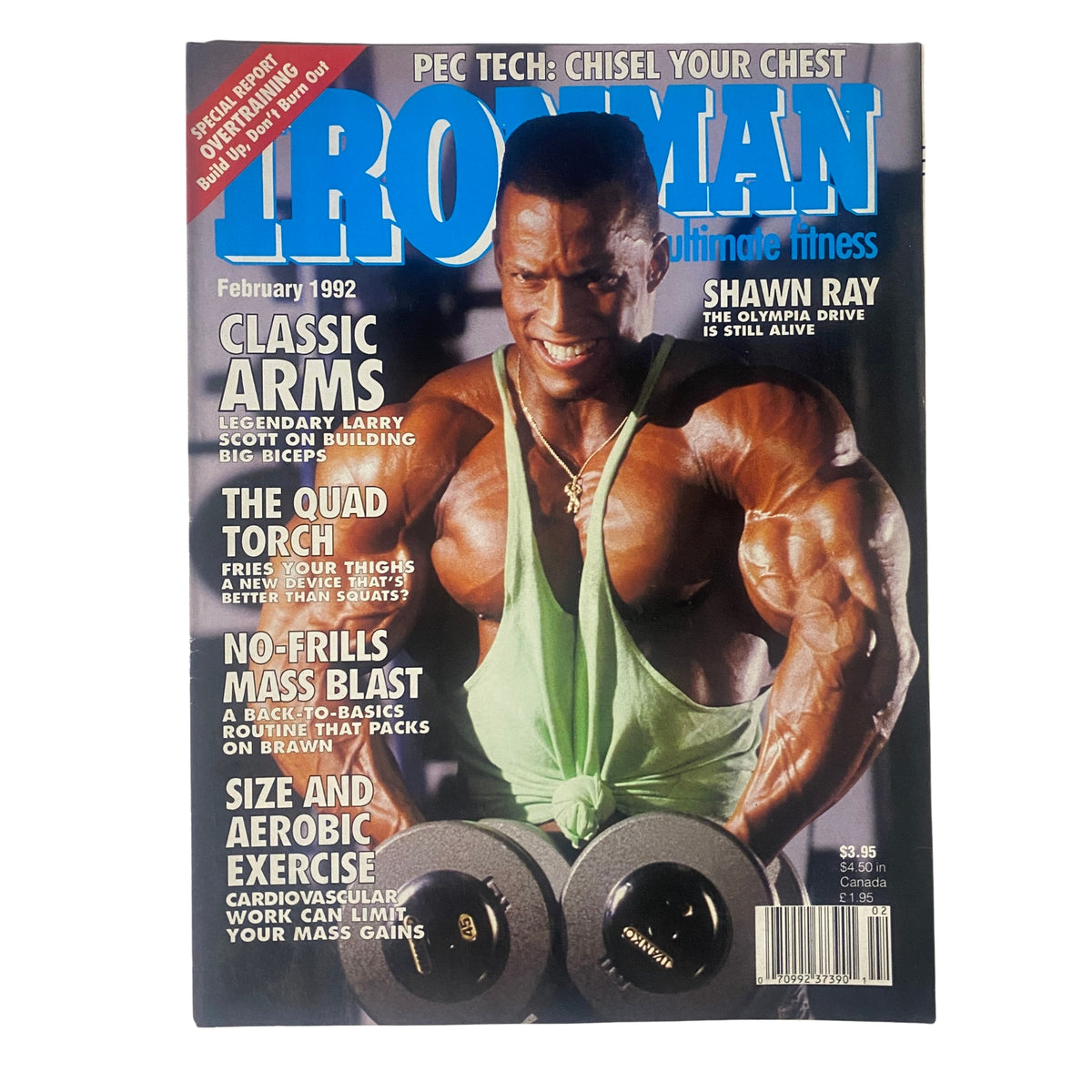 IronMan Magazine February 1992 featuring Shawn Ray on the cover, showcasing his impressive physique and highlighting fitness and bodybuilding content.