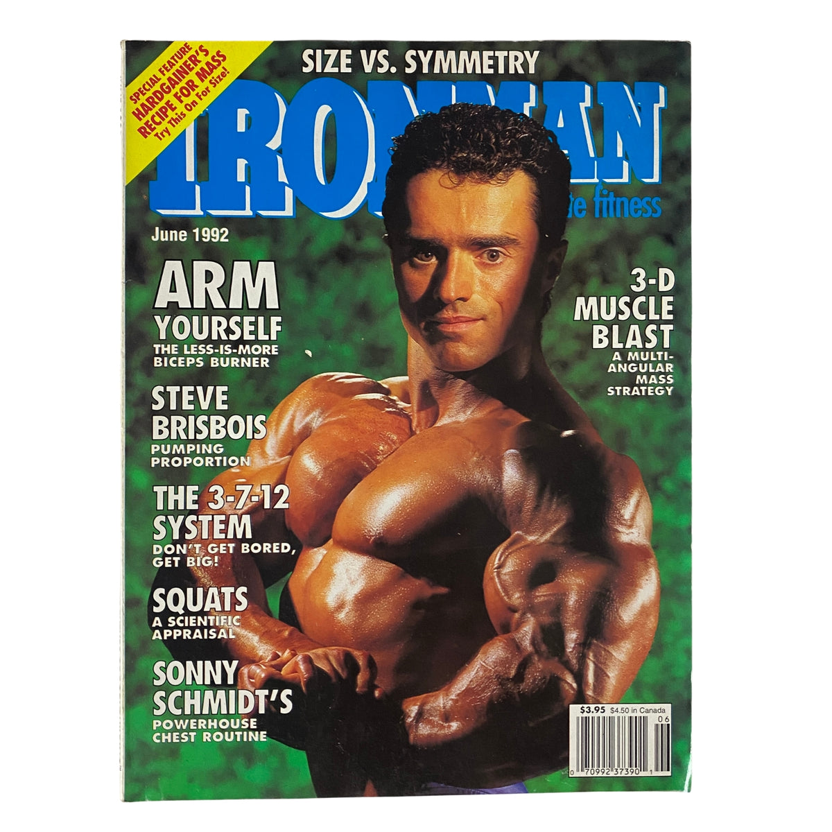 IronMan Magazine June 1992 cover featuring Steve Brisbois showcasing impressive physique and muscular definition with the tagline 'Size vs. Symmetry'.