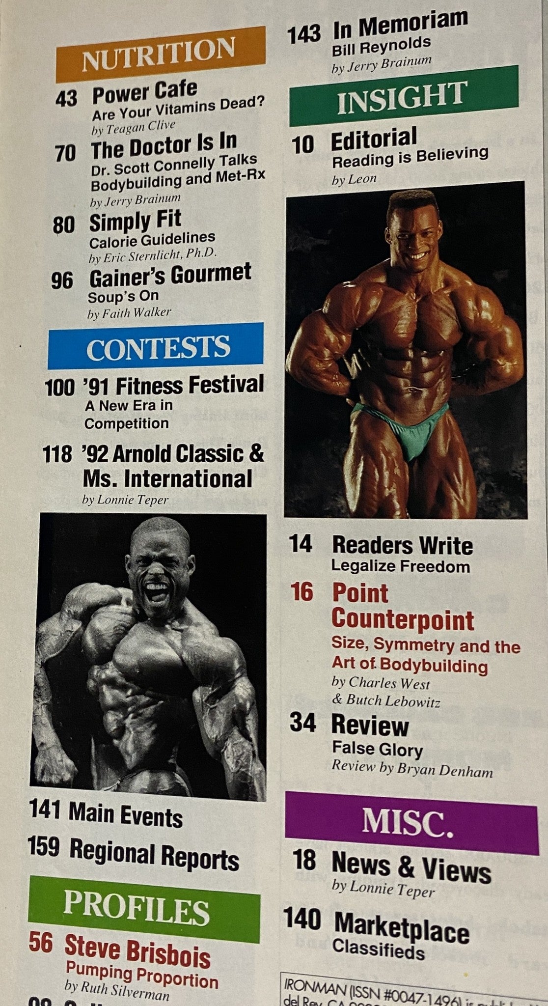 Another page from IronMan Magazine June 1992 detailing nutrition and contests, including features like 'Power Cafe' and '91 Fitness Festival'.
