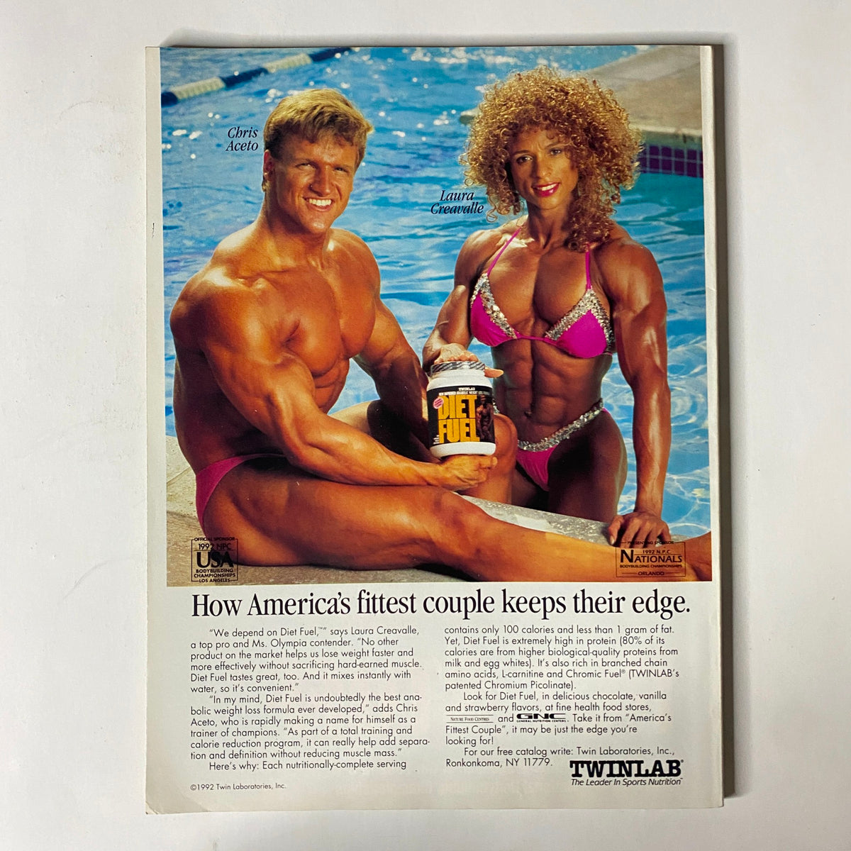 Back cover of IronMan Magazine June 1992 featuring a fitness advertisement with Chris Aceto and Laurie Creegan promoting TwinLab's 'Quiet Fuel'.