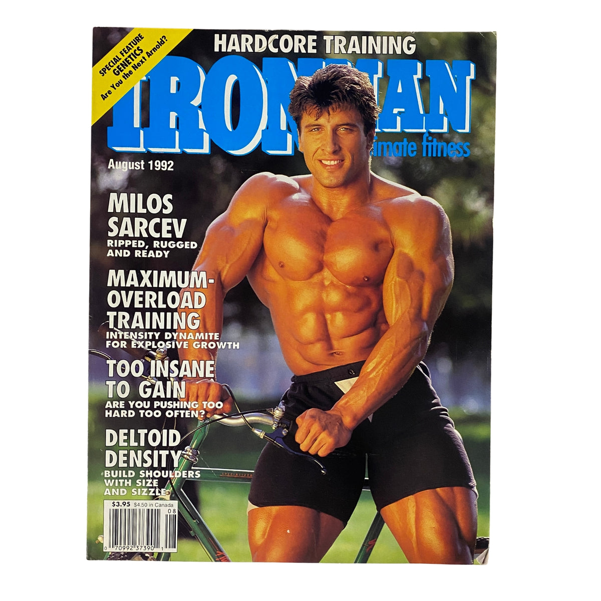 IronMan Magazine August 1992 featuring Milos Sarcev on the cover, showcasing a muscular physique with titles about hardcore training and bodybuilding insights.