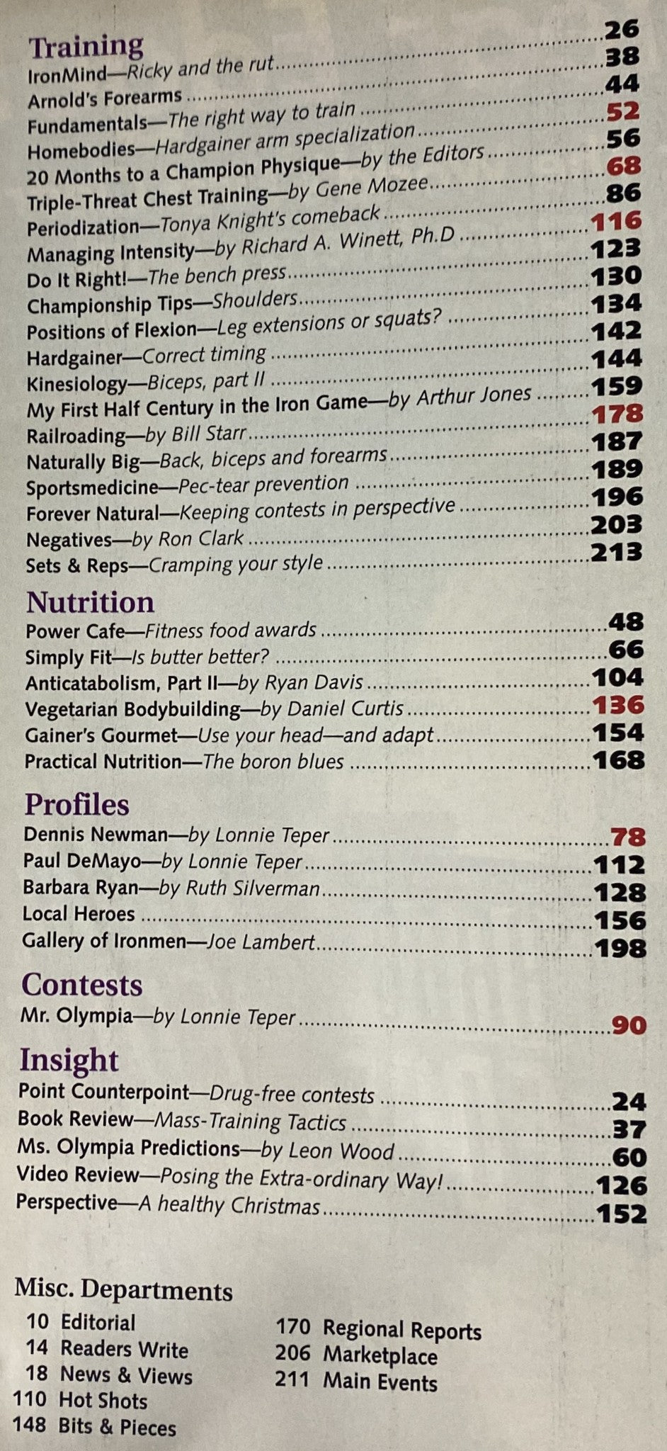 Table of Contents from IronMan Magazine January 1994 Vol 53 No. 1, listing articles focused on training, nutrition, profiles, contests, and insights in the bodybuilding community.