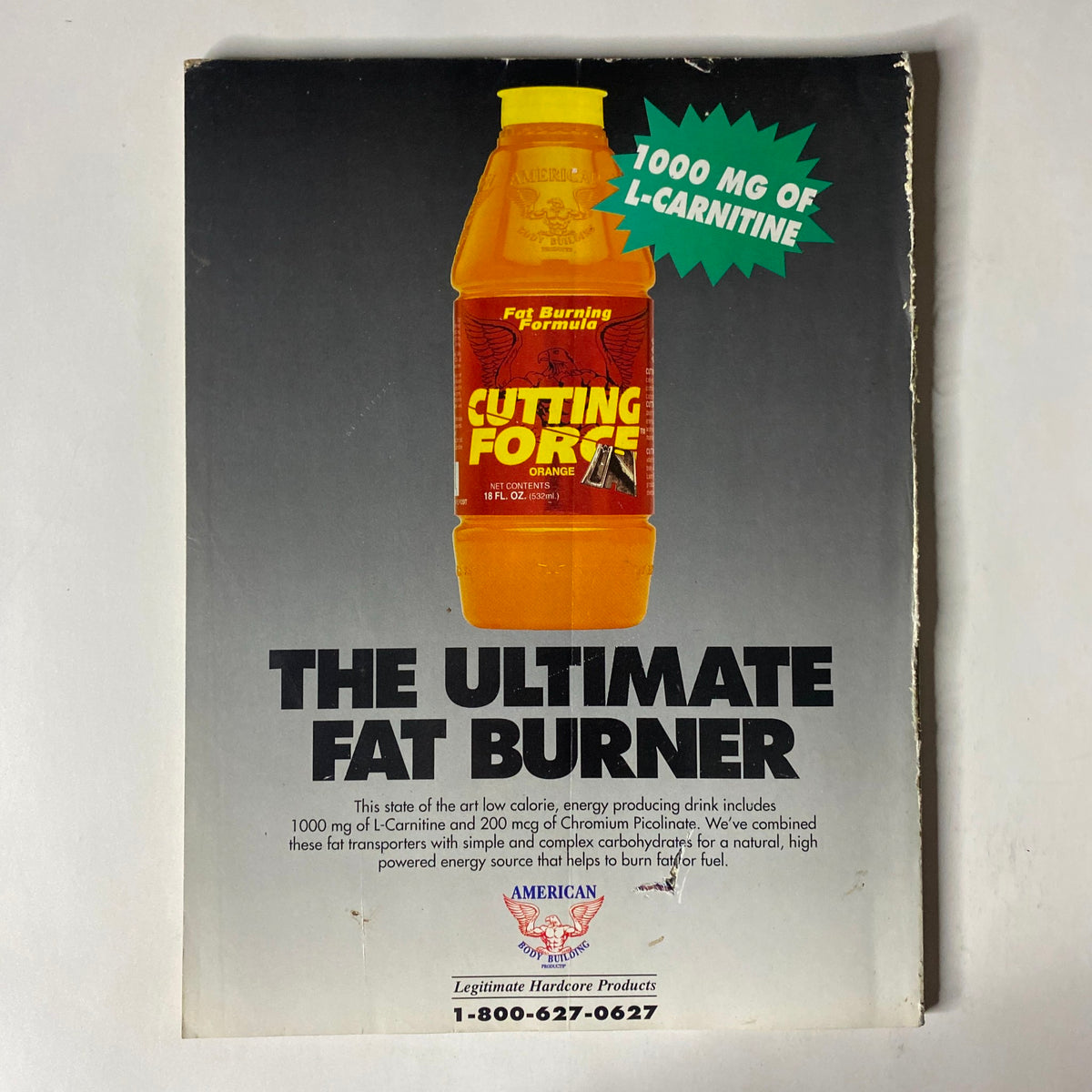 IronMan Magazine January 1994 Vol 53 No. 1 Dennis Newman - The back cover depicts a promotional image for Cutting Force, an energy drink aimed at bodybuilders, highlighting its fat-burning properties with bold text.