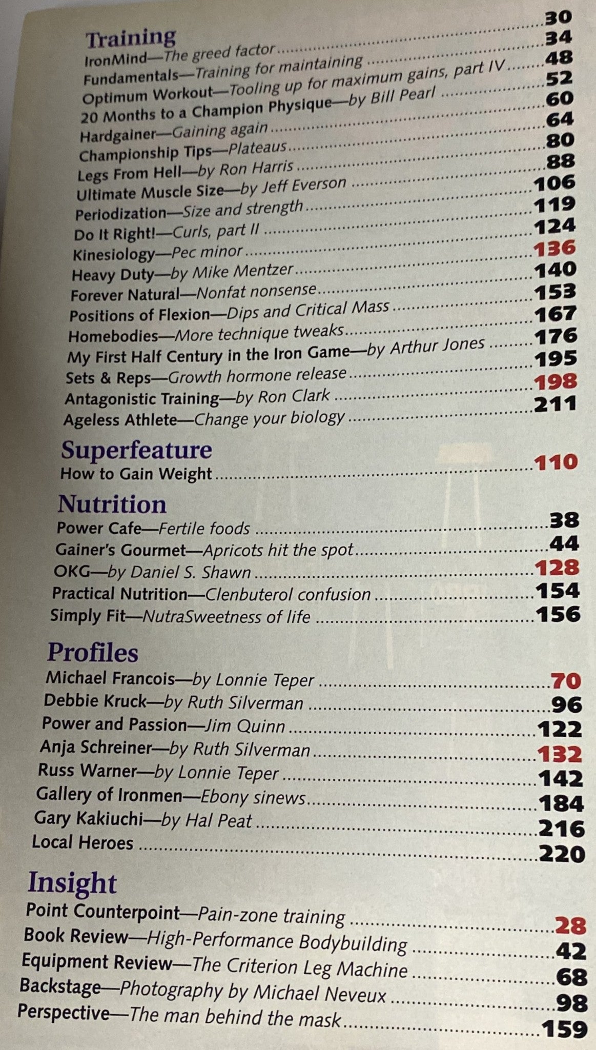 Table of Contents from IronMan Magazine March 1994 Vol 53 No. 3, listing features on training, nutrition, and profiles of bodybuilding legends.