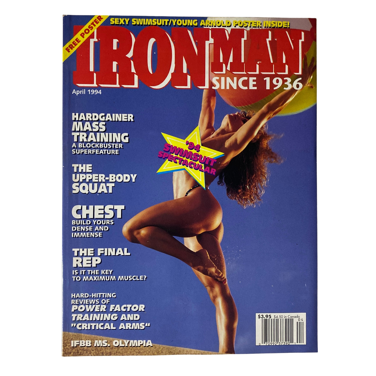 IronMan Magazine April 1994 Vol 53 No 4 cover featuring Laurie Donnelly in a swimsuit, highlighting the issue's theme '94 Swimsuit Spectacular'.
