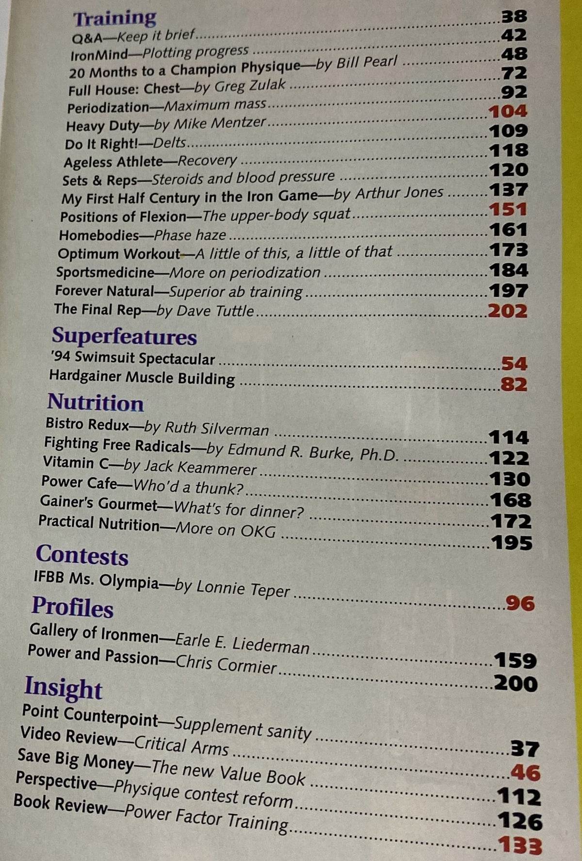 Table of Contents page from IronMan Magazine April 1994 Vol 53 No 4, showcasing featured articles on training, nutrition, contests, and insights.