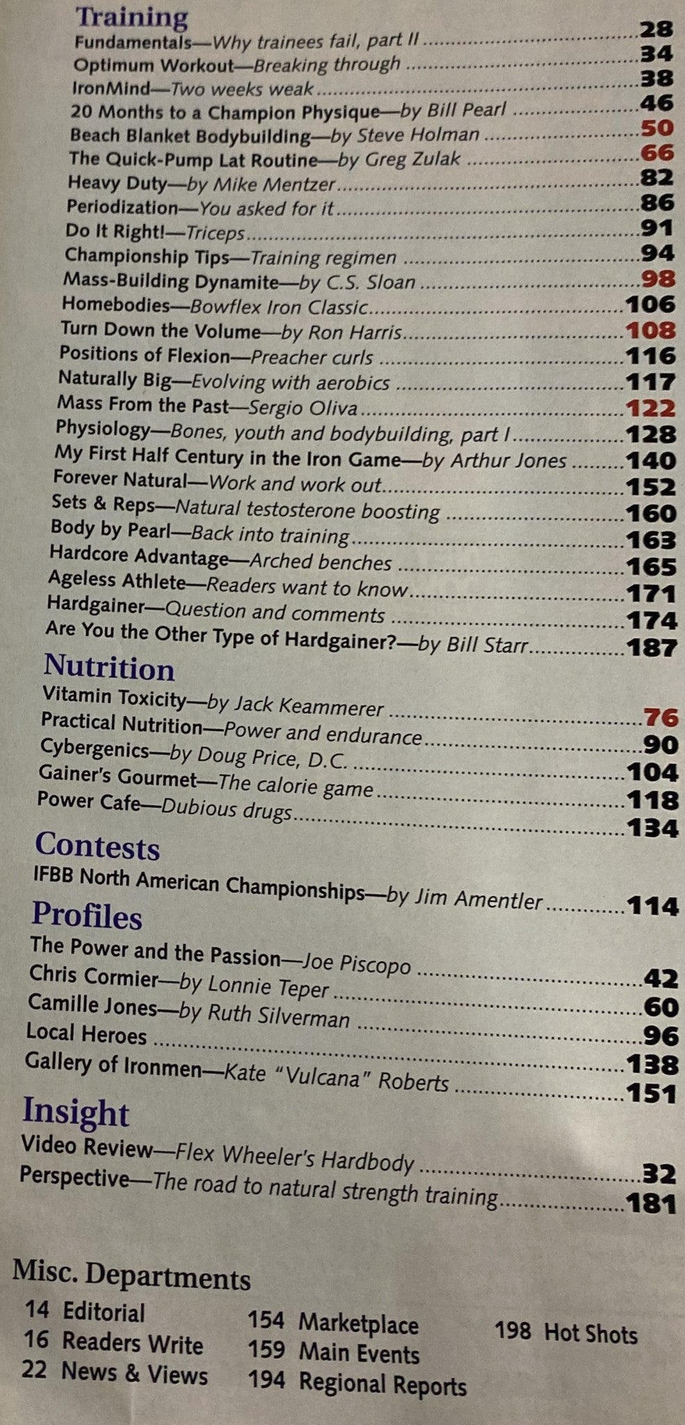 Table of contents from IronMan Magazine June 1994, highlighting featured articles like 'Training' and 'Nutrition', showcasing the magazine's focus on bodybuilding and fitness methodologies.
