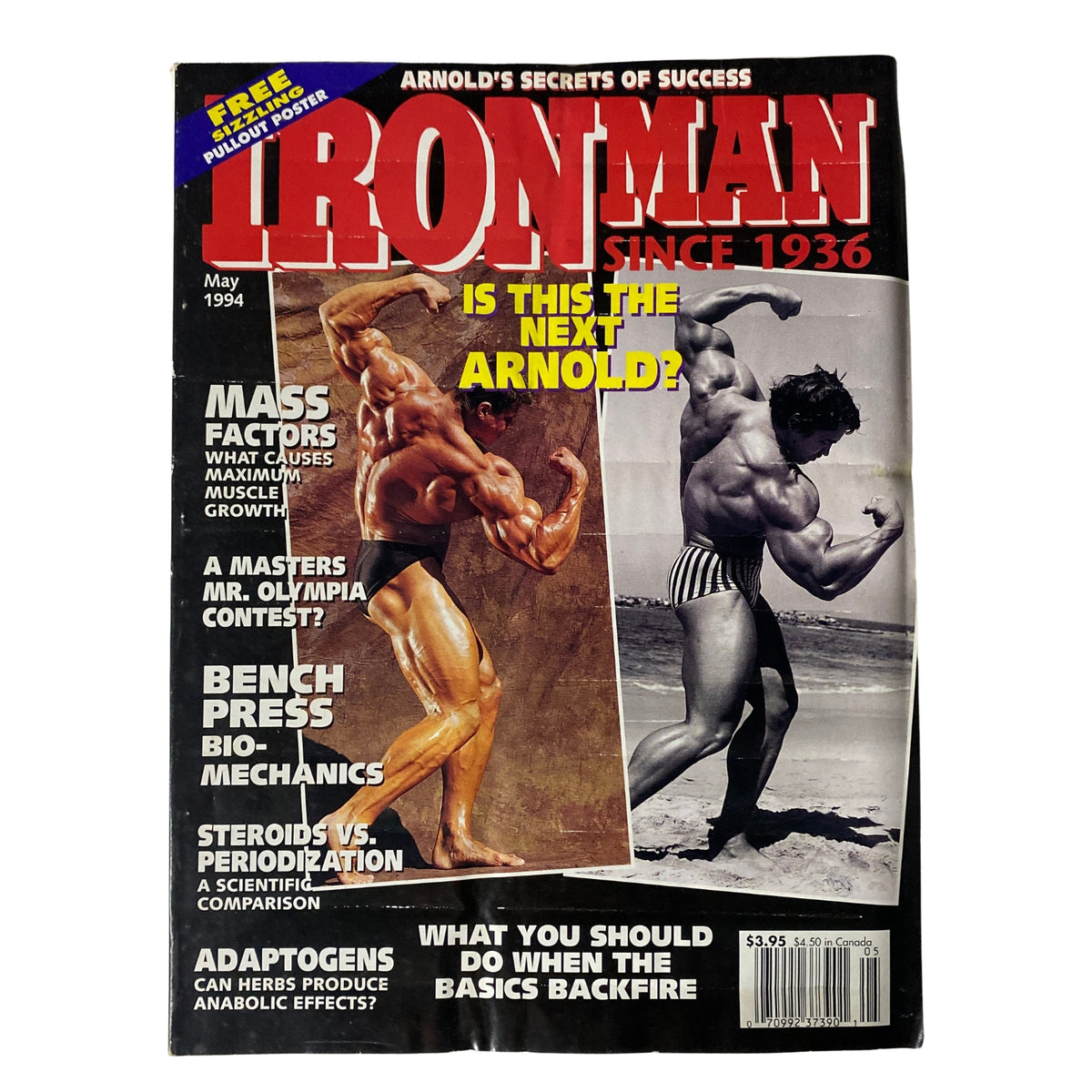 IronMan Magazine May 1994 featuring Arnold Schwarzenegger and Roland Kickinger on the cover, showcasing bodybuilding articles and a poster included, in good condition.