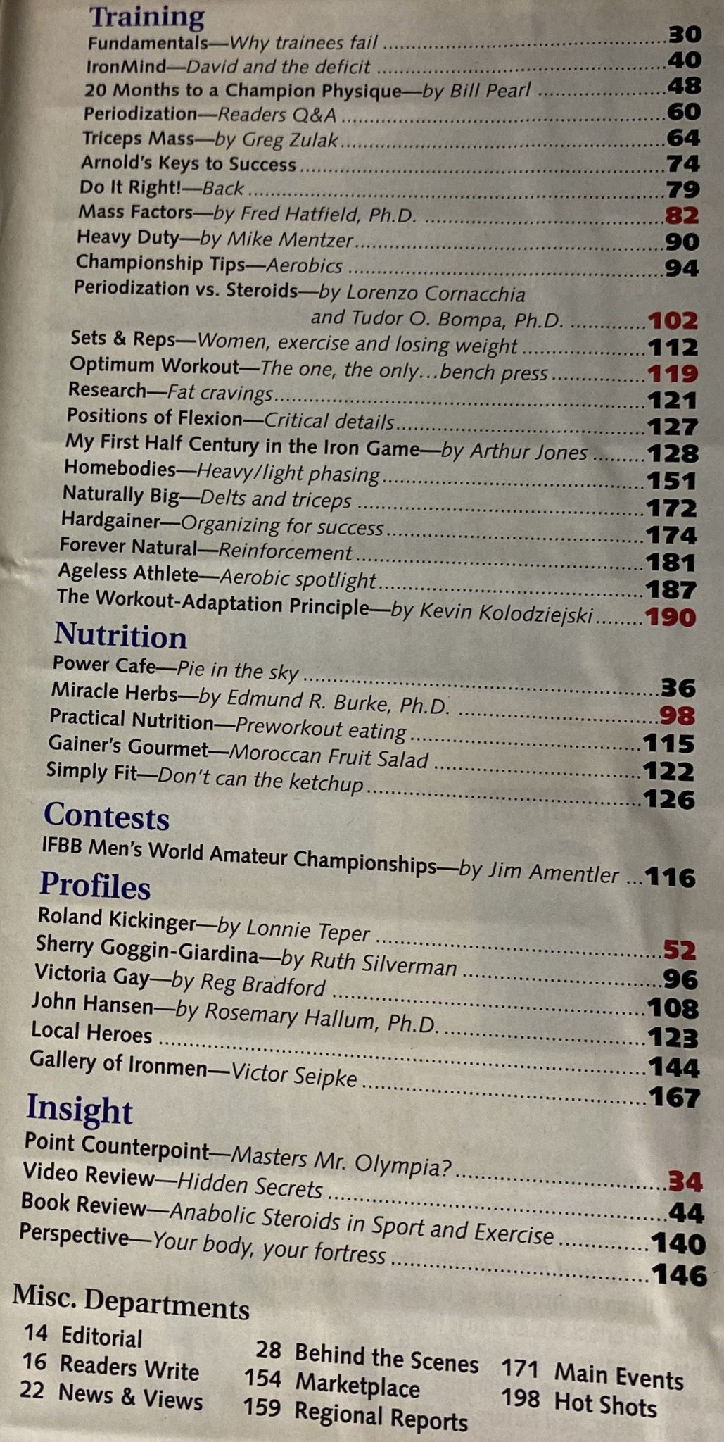 Contents page from IronMan Magazine May 1994 listing various articles related to bodybuilding training, nutrition, contests, and profiles of bodybuilders.