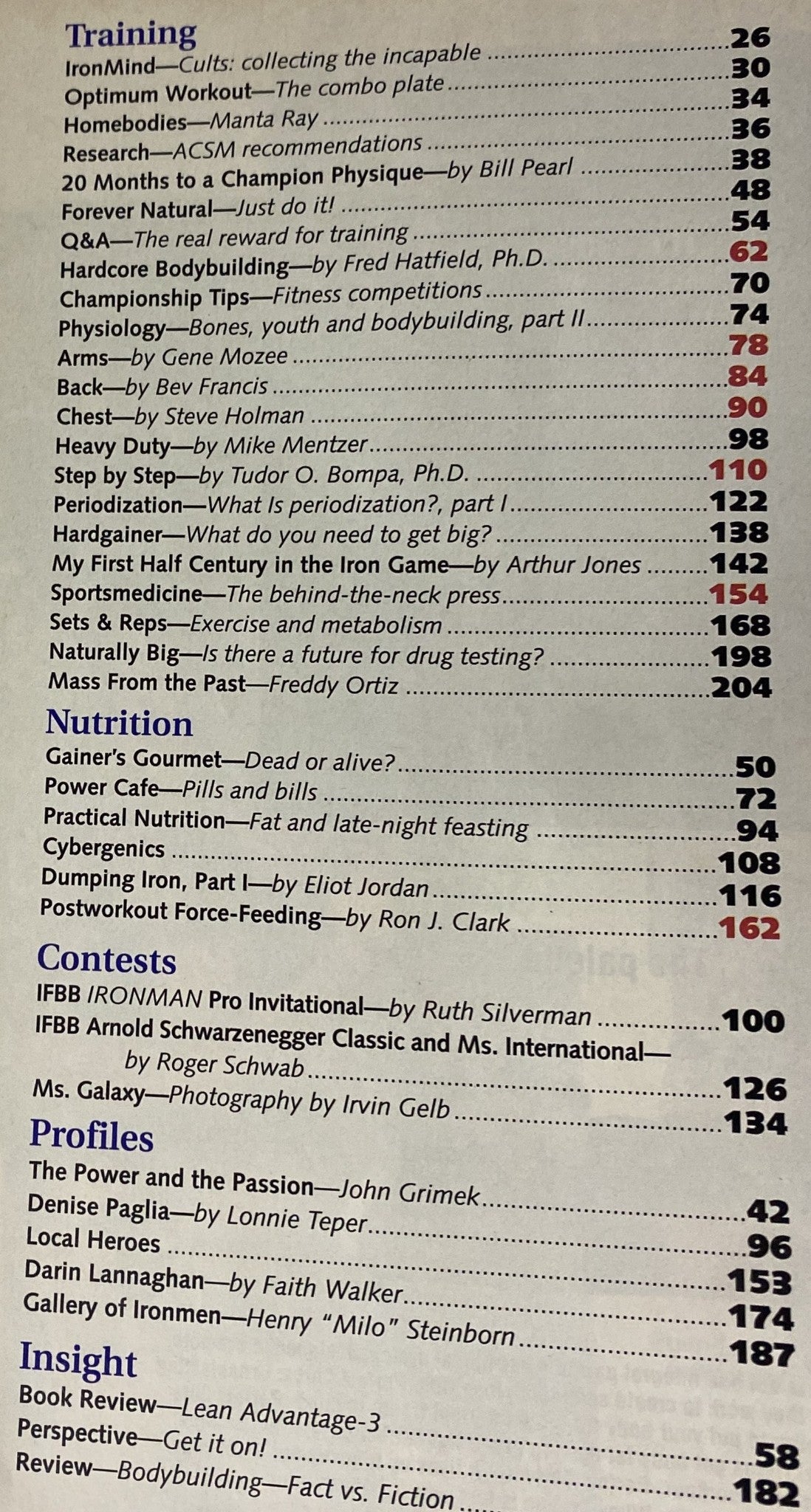 Interior page of IronMan Magazine July 1994 Vol 53 No. 7 showcasing the table of contents with featured articles on training, nutrition, and contests for bodybuilding enthusiasts.