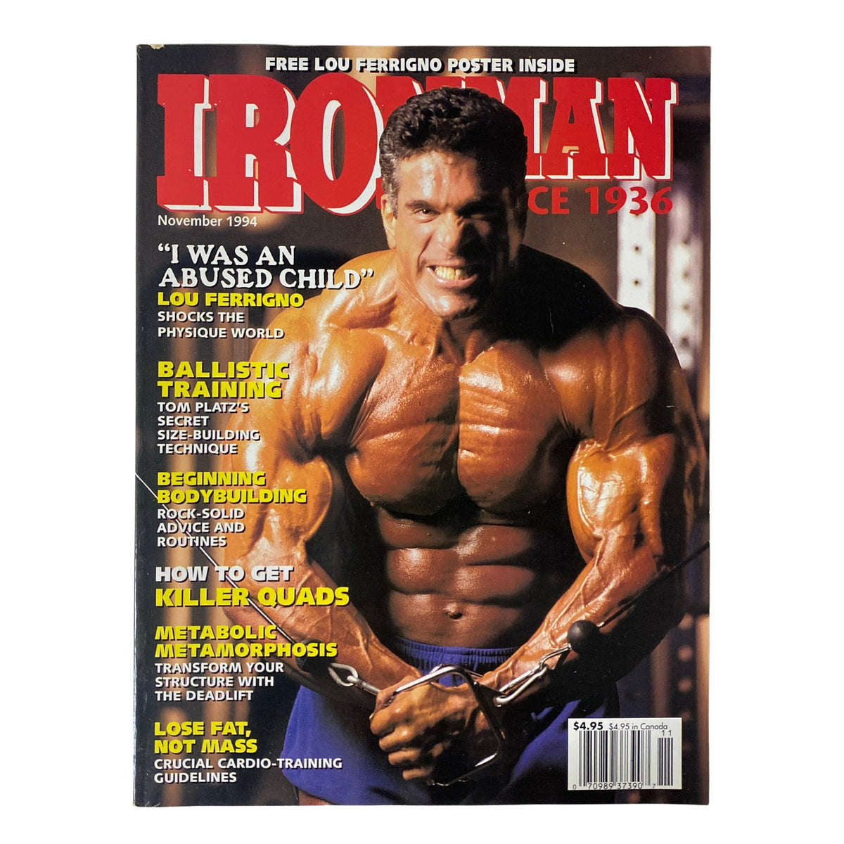 IronMan Magazine November 1994 featuring Lou Ferrigno on the cover, showcasing bodybuilding topics and fitness advice. Volume 53, Issue 11.