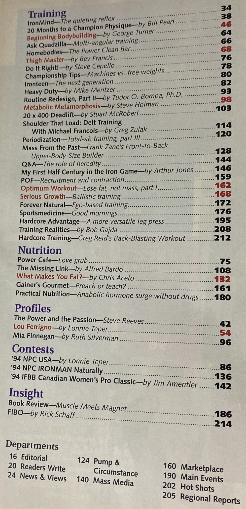 Contents page of IronMan Magazine November 1994, detailing articles on training, nutrition, and profiles of bodybuilders including Lou Ferrigno and Steve Reeves.