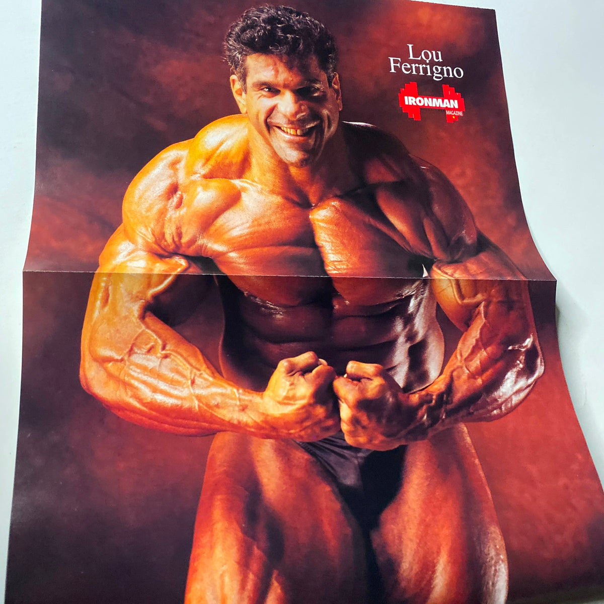 Lou Ferrigno poster included in IronMan Magazine November 1994, depicting him in a muscular pose, emphasizing bodybuilding culture.