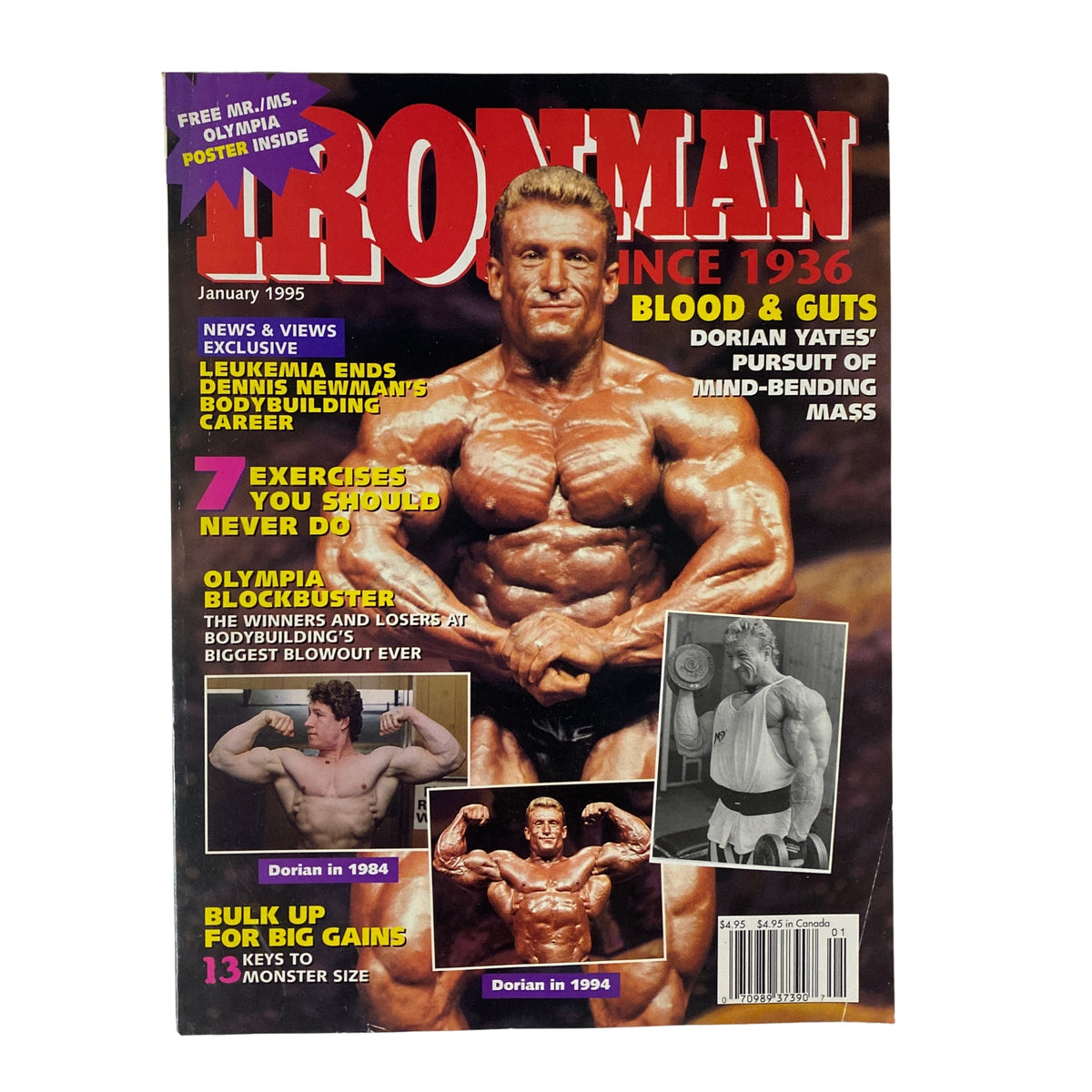 IronMan Magazine January 1995 Vol 54 No 1 featuring Dorian Yates on the cover, showcasing bodybuilding topics, with minor edge wear.