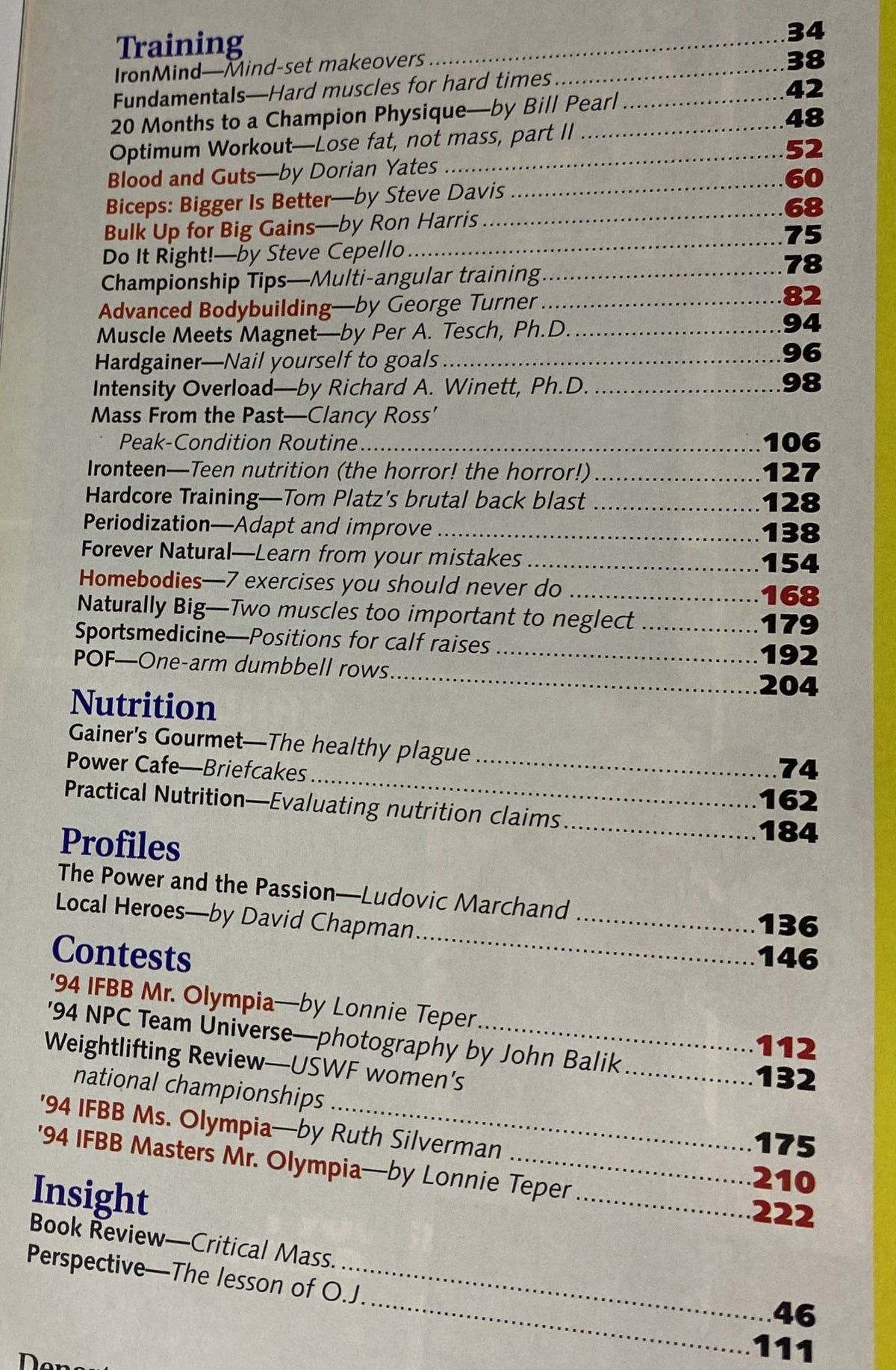 Table of contents for IronMan Magazine January 1995 Vol 54 No 1, detailing training, nutrition, profiles, contests, and insights.