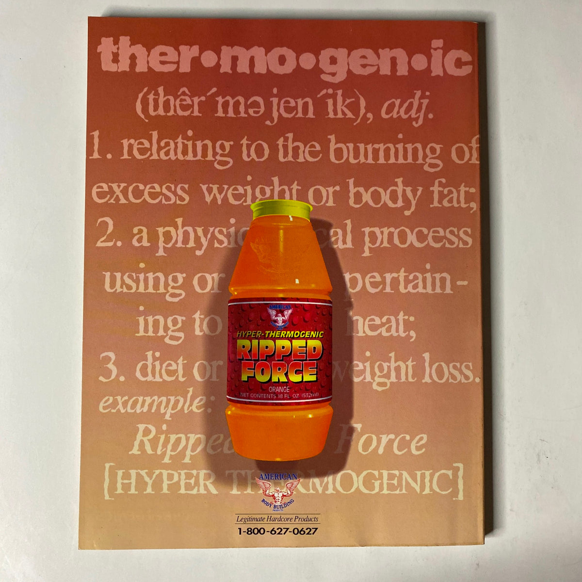 Advertisement for Ripped Force hyper-thermogenic supplement included in IronMan Magazine January 1995 Vol 54 No 1, promoting fitness and weight management.