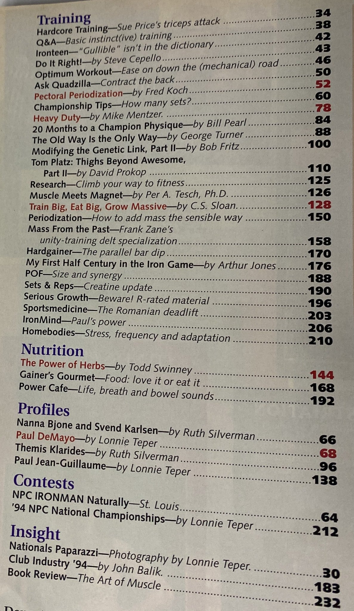 Table of contents from IronMan Magazine March 1995 featuring articles on training, nutrition, and bodybuilding insights. The issue highlights topics like triceps training, championship tips, and profiles on legendary bodybuilders.