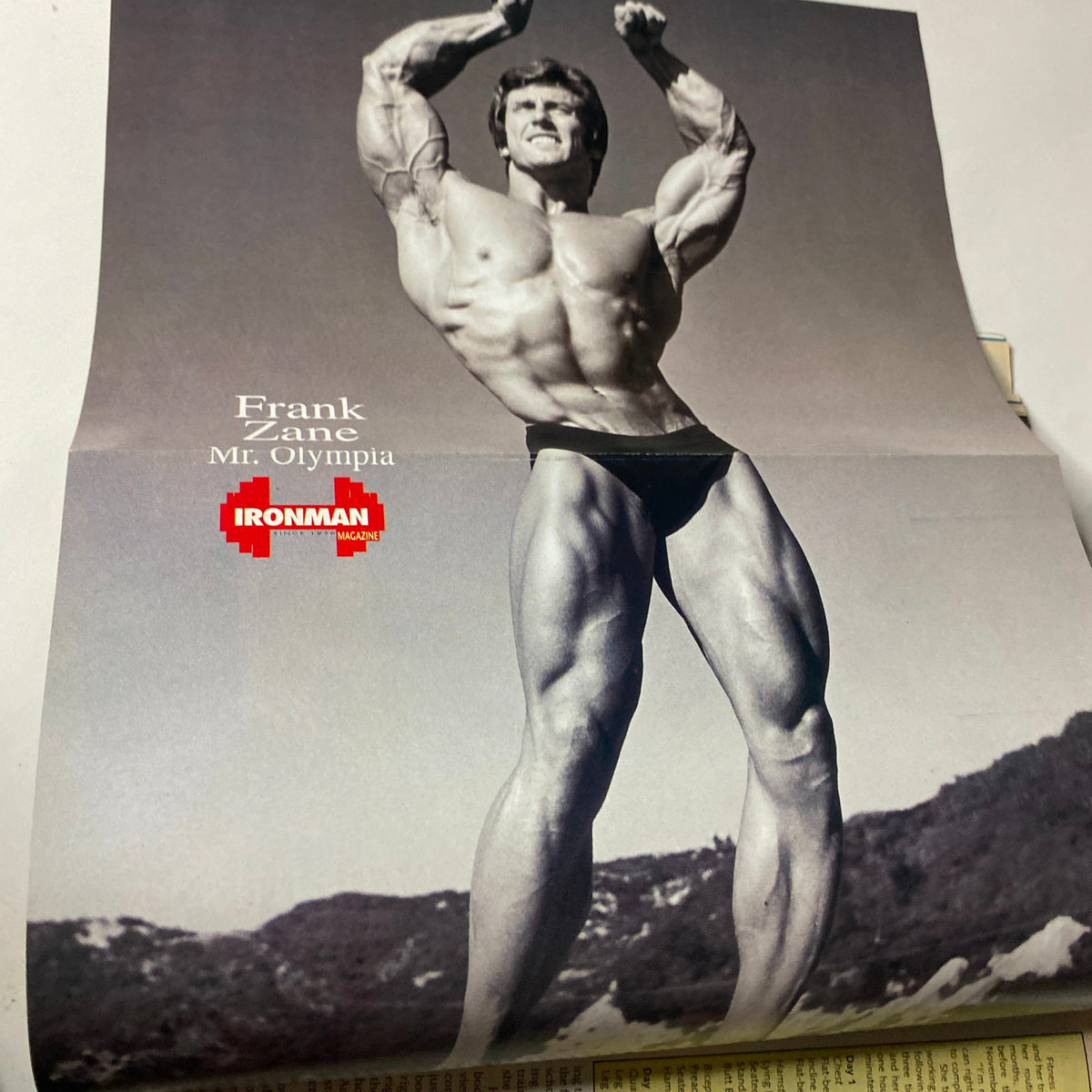 Fold-out poster in IronMan Magazine March 1995 featuring Frank Zane, Mr. Olympia, showcasing his impressive physique and posing. The poster is included in the magazine's original issue.