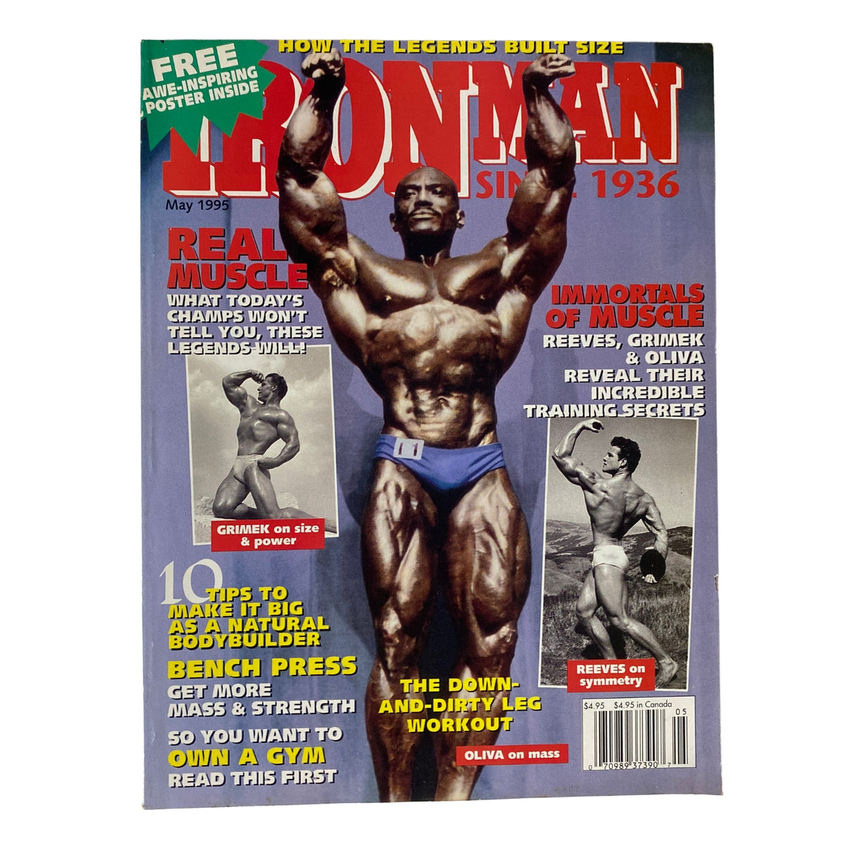 IronMan Magazine May 1995 featuring bodybuilding legends Sergio Oliva, John Grimek, and Steve Reeves on the cover. Includes fold-out poster, categorized as very good condition with minor wear.