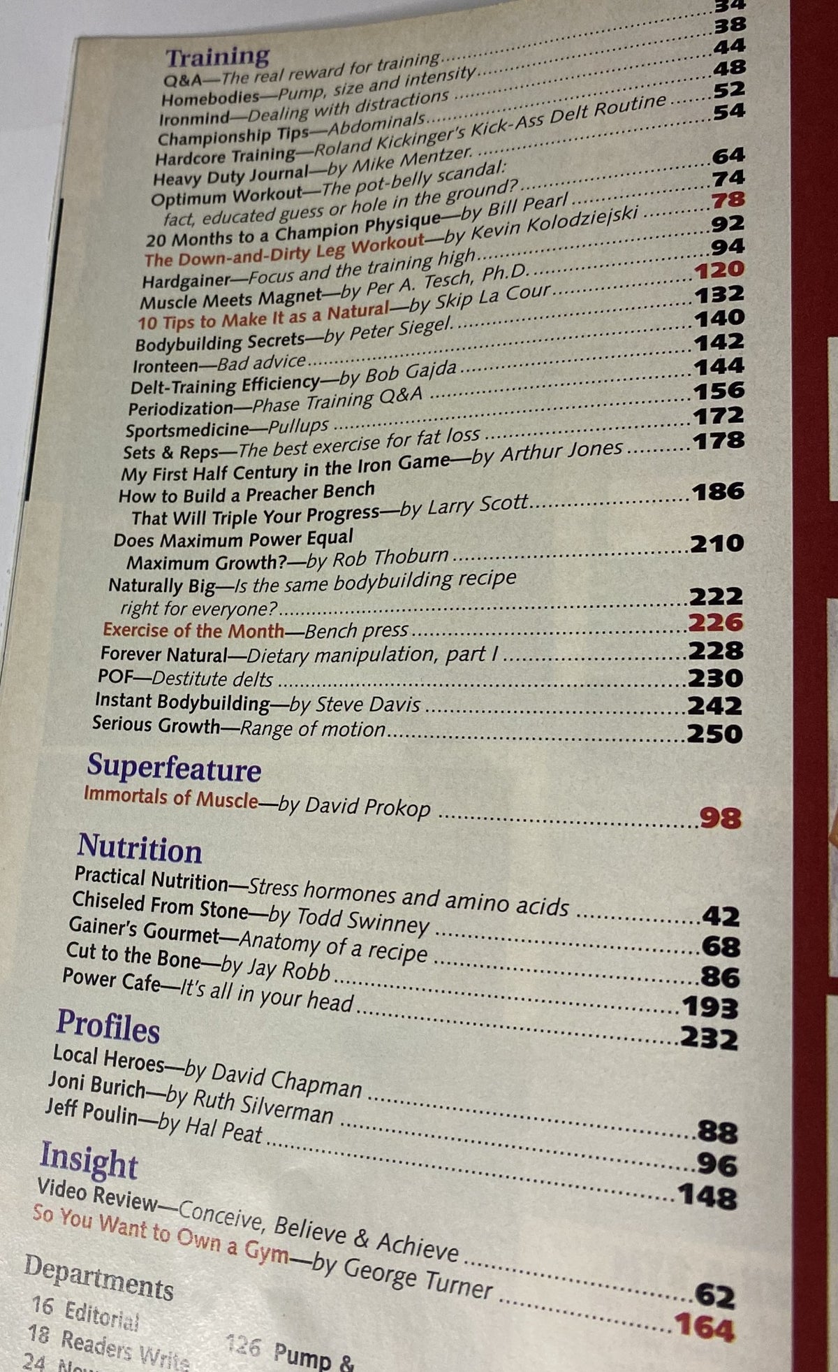Contents page of IronMan Magazine May 1995, showcasing various articles on training, nutrition, and bodybuilding insights, including 'Immortals of Muscle' by David Prokop.