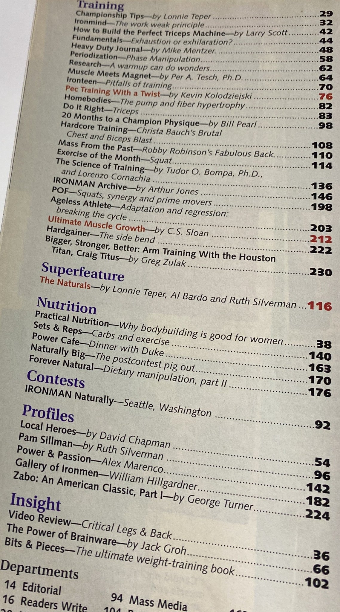 Table of contents from IronMan Magazine June 1995, highlighting features such as training tips, nutrition, contests, and profiles of bodybuilding personalities.