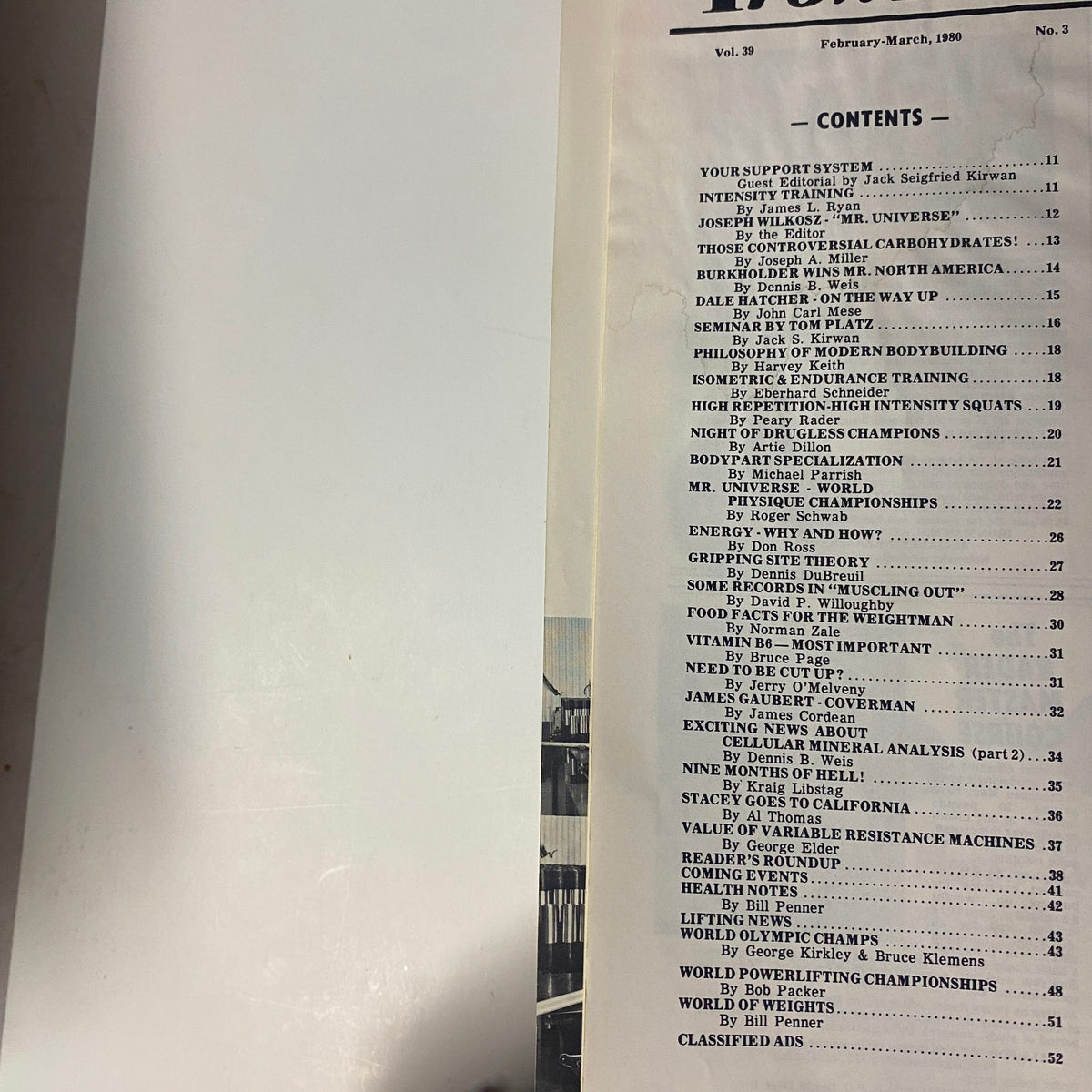 Contents page of IronMan Magazine March 1980 Vol 39 No. 3, listing articles including training insights and profiles from notable bodybuilders.