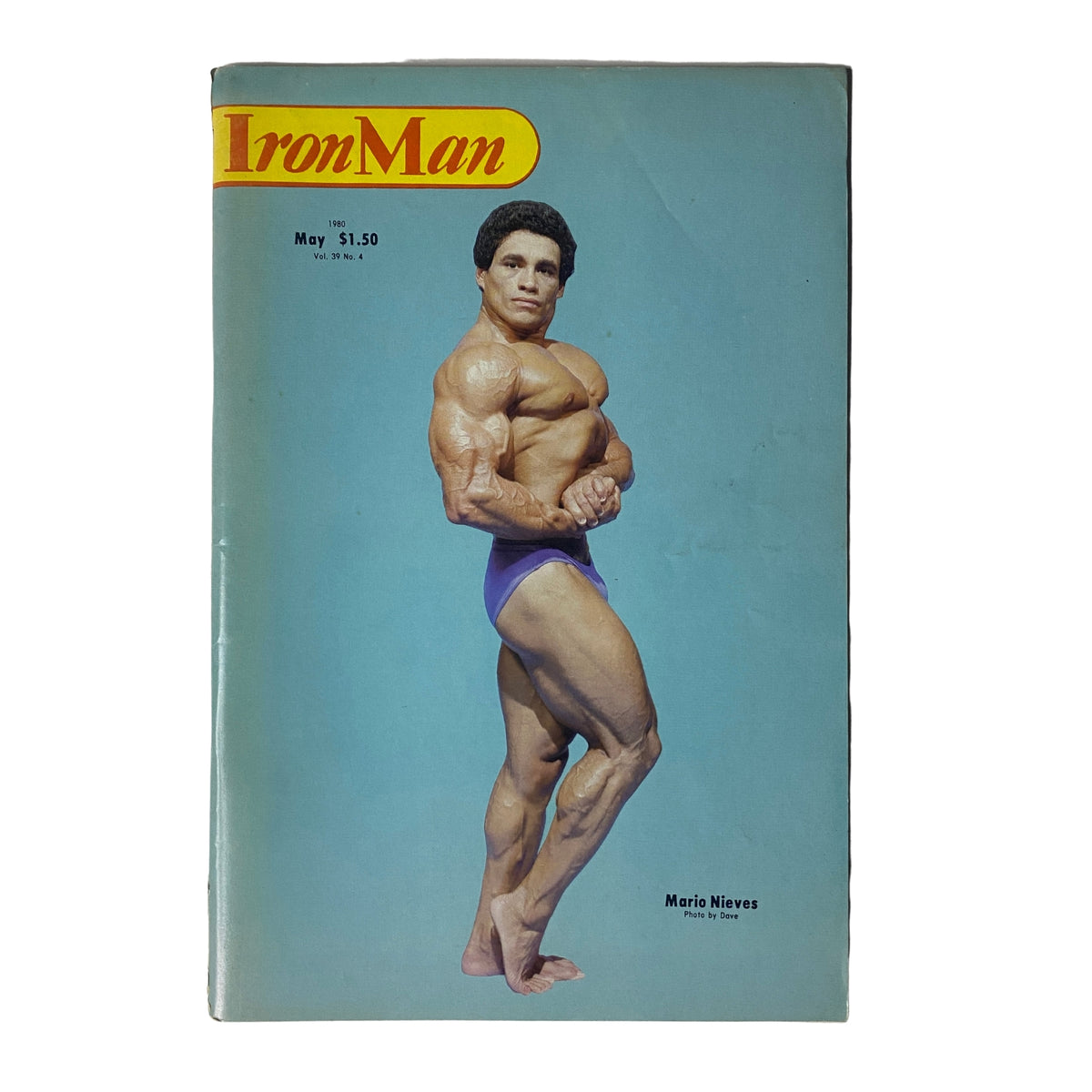IronMan Magazine May 1980 Vol. 39 No. 4 featuring Mario Nieves on the cover in a bodybuilding pose, showcasing his physique against a light blue background.