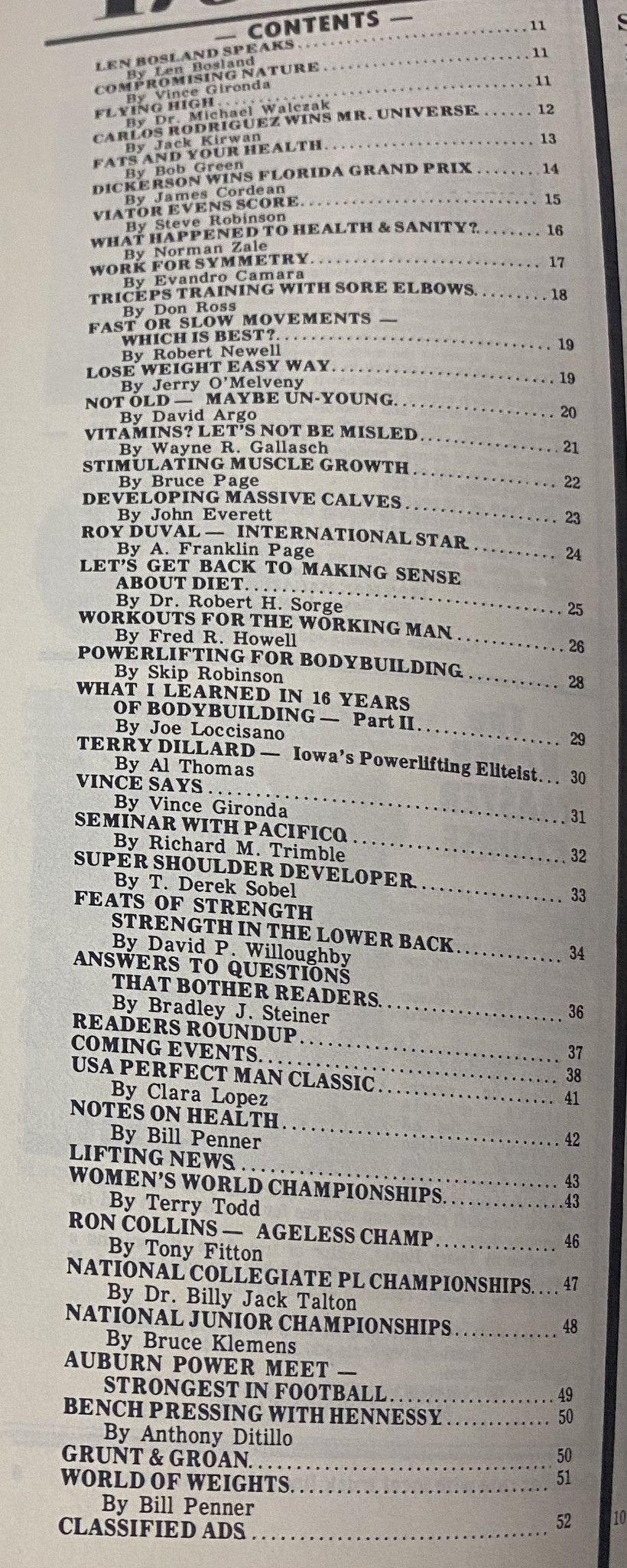 Table of contents from IronMan Magazine July 1980 Vol 39 No. 5, detailing articles on bodybuilding techniques, workout advice, and nutritional insights.