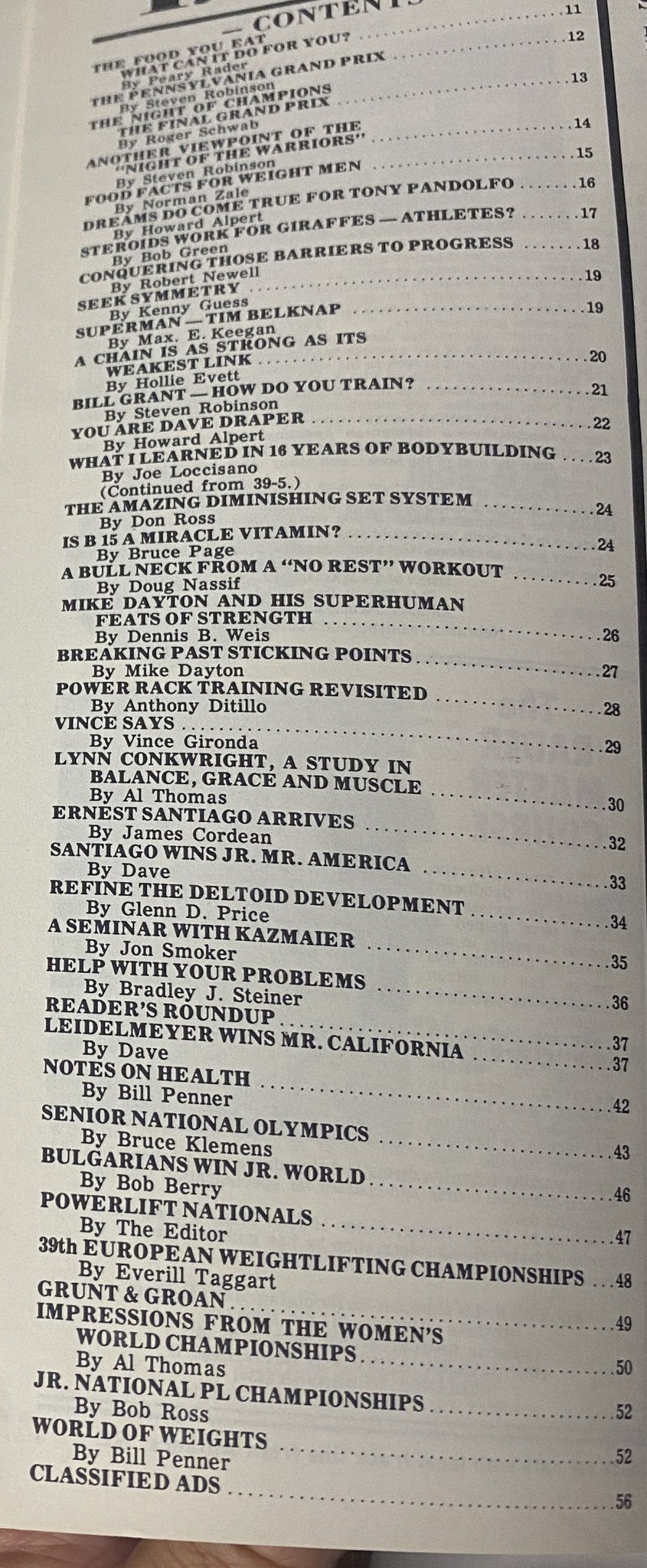 Table of Contents from IronMan Magazine September 1980 Vol 39 No. 6, listing articles and features related to bodybuilding and fitness.