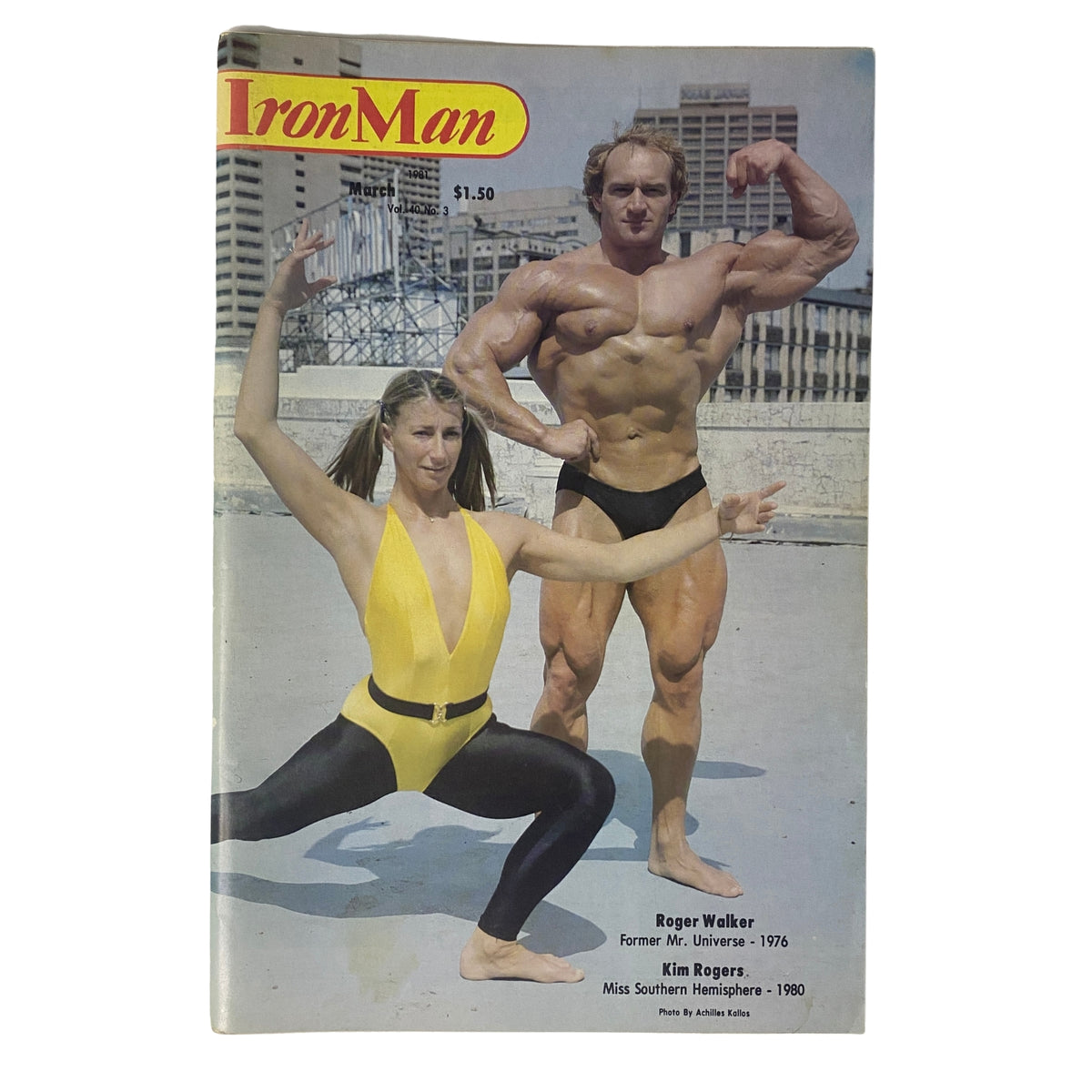 IronMan Magazine March 1981 Vol 40 No 3 featuring Roger Walker, former Mr. Universe 1976, and Kim Rogers, Miss Southern Hemisphere 1980, on the cover. The image showcases both bodybuilders in striking poses, highlighting their muscular physiques.