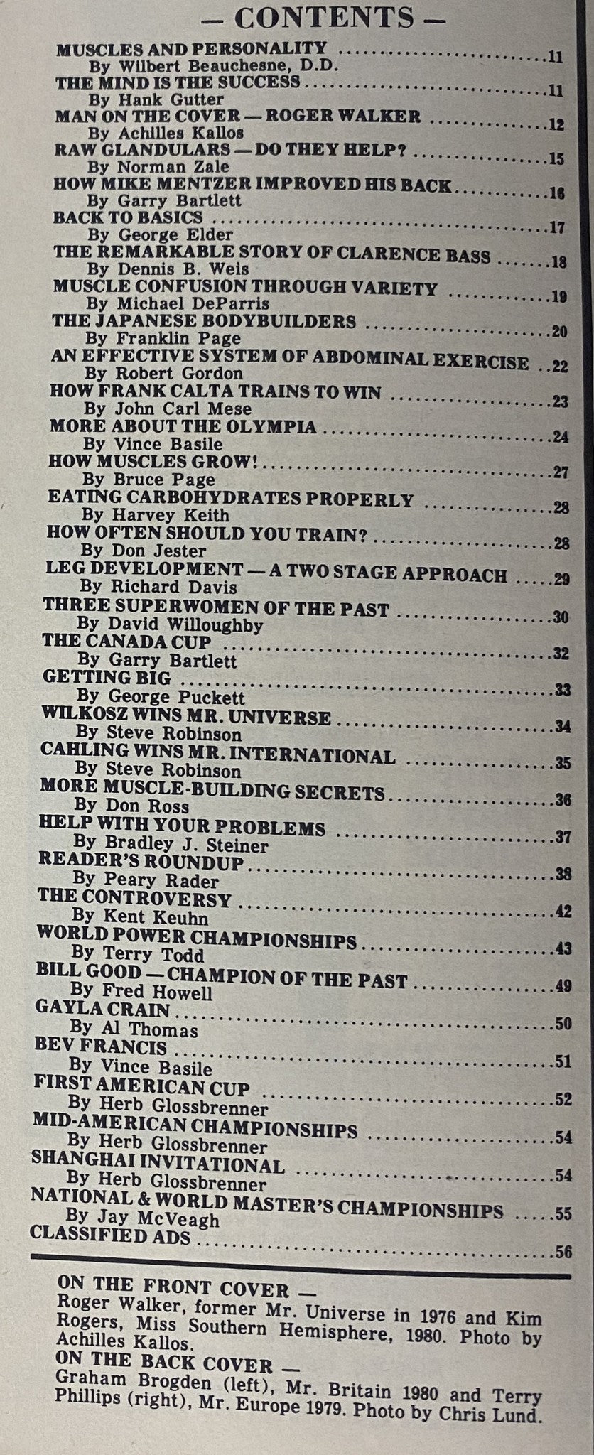 Table of contents from IronMan Magazine March 1981 Vol 40 No 3, including articles and features on bodybuilding, fitness, and prominent athletes like Roger Walker and Kim Rogers, providing insights into the magazine's content.