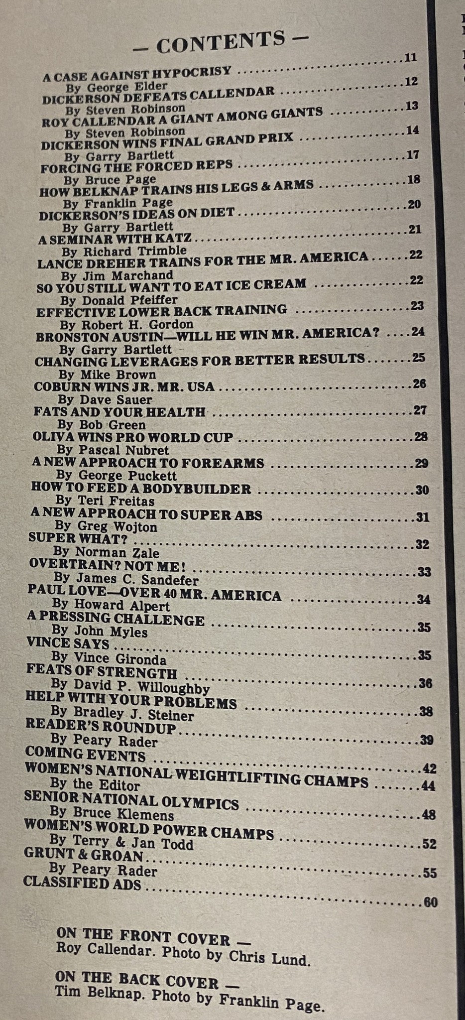 IronMan Magazine September 1981 Vol 40 No 6 listing the contents page with article titles and authors, including fitness-related topics and features.