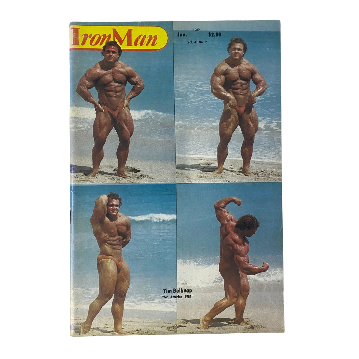 Cover page of IronMan Magazine January 1982 Vol 41 No. 2 featuring Tim Belknap, showcasing four images of him posing on a beach.