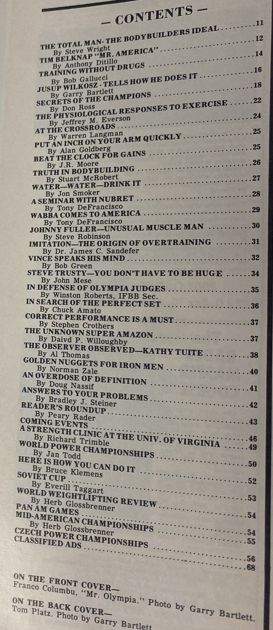 Table of contents page from IronMan Magazine May 1982 Vol 41 No. 4 listing articles and features including insights from Franco Columbu and others.