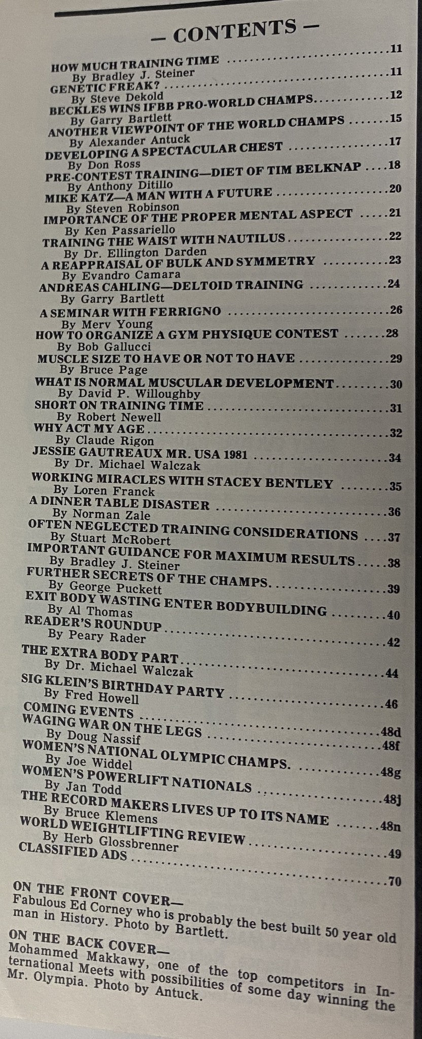 Table of contents for IronMan Magazine, July 1982, Volume 41, Number 5, listing articles and features related to bodybuilding.