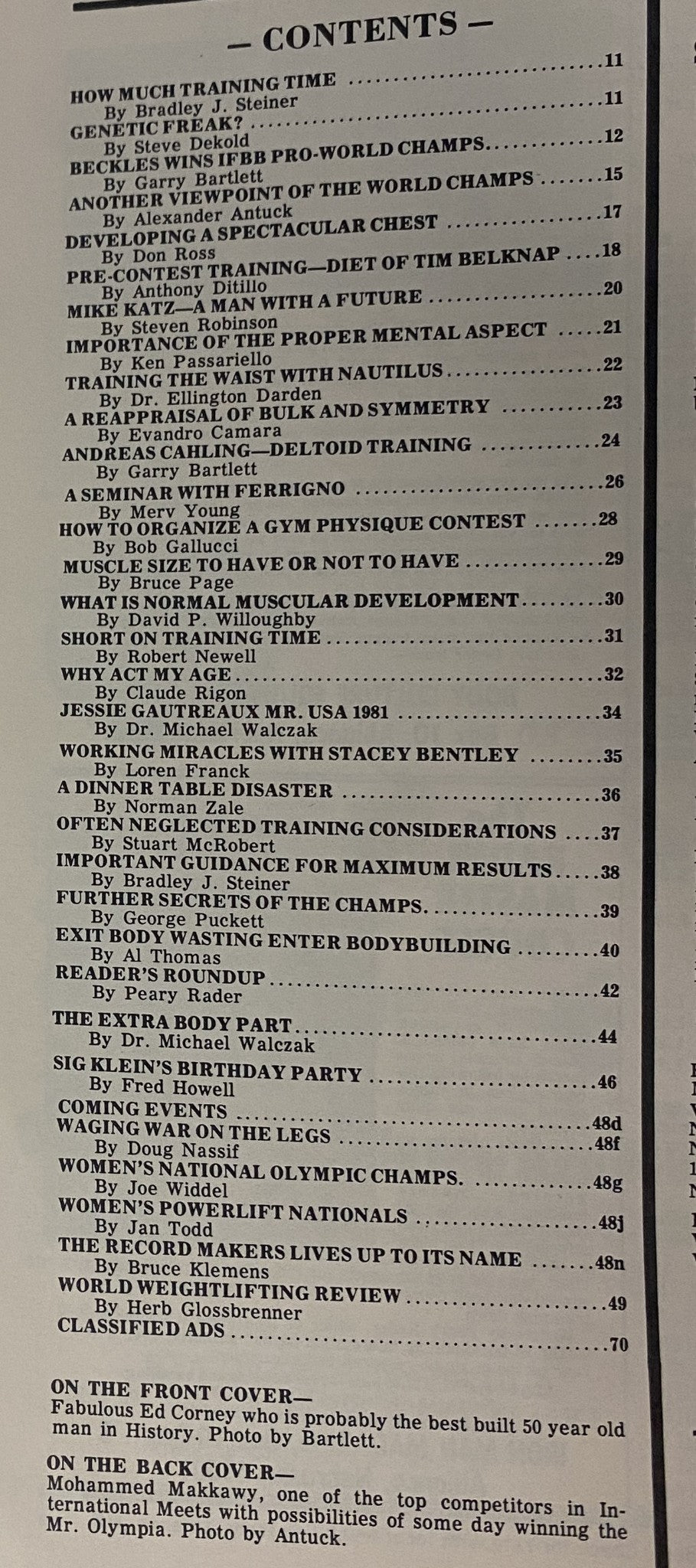 Table of Contents for IronMan Magazine July 1982 Vol 41 No. 5, listing articles on bodybuilding training and techniques.