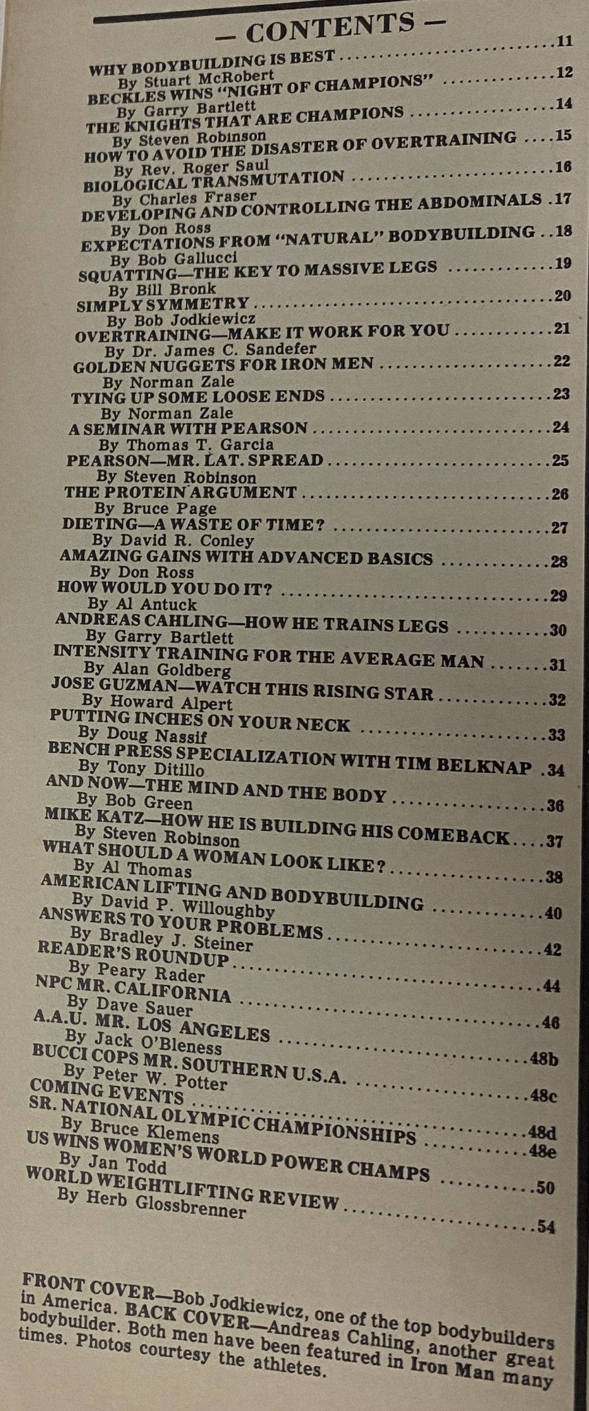 Table of contents for IronMan Magazine September 1982 Vol 41 No. 6, detailing notable articles and features for bodybuilding enthusiasts.