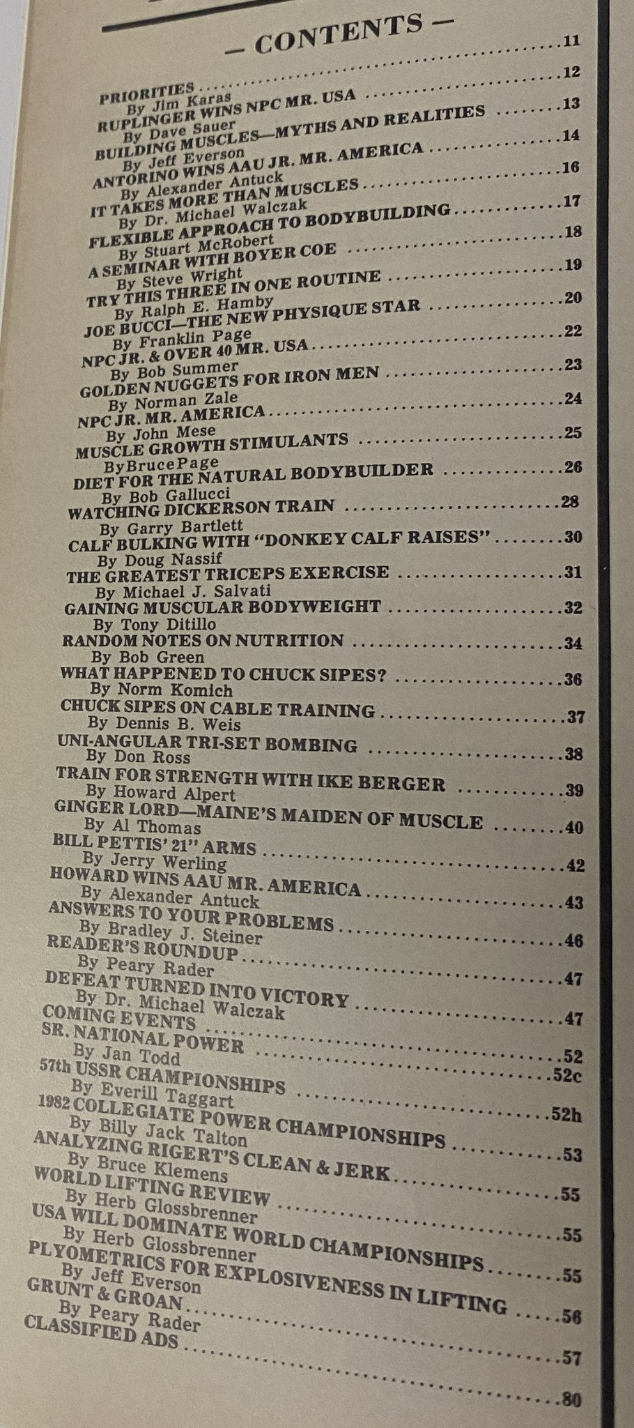Contents page of IronMan Magazine November 1982 Volume 42 Number 1 featuring articles on bodybuilding topics and athletes including Doug Brignole.