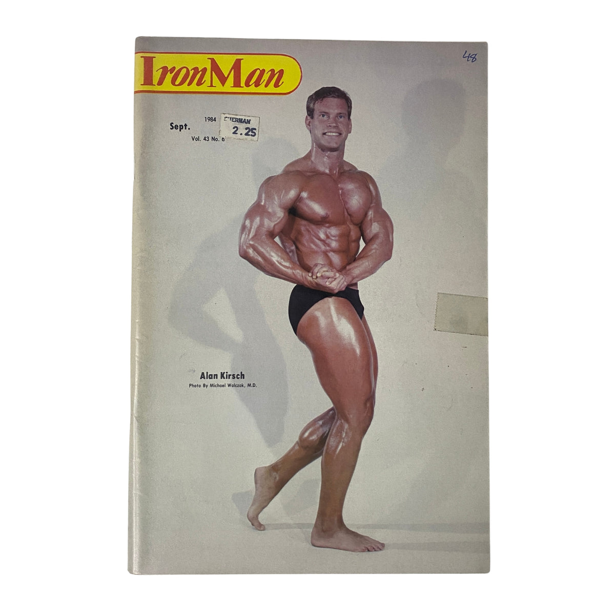 Cover of IronMan Magazine September 1984, Vol 43 No 6, featuring Alan Kirsch, showcasing classic bodybuilding aesthetics.