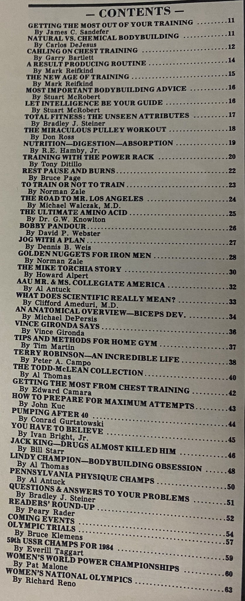 Table of contents for IronMan Magazine September 1984 Vol 43 No. 6 featuring fitness articles by various authors, detailed training advice, and key bodybuilding topics.