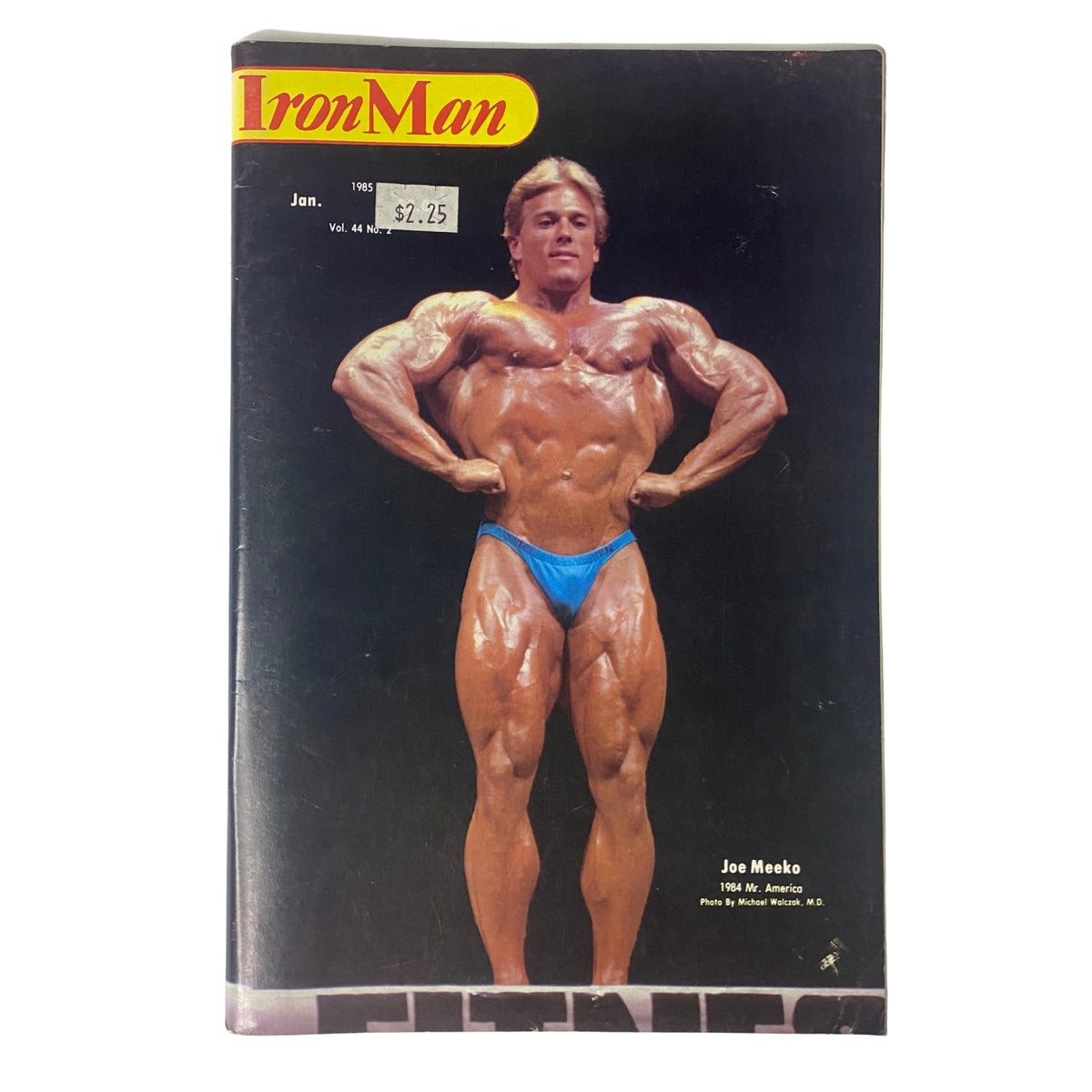 Cover of IronMan Magazine January 1985 Vol 44 No. 2 featuring Joe Meeko, the 1984 Mr. America, showcasing a muscular physique in a blue swimsuit.